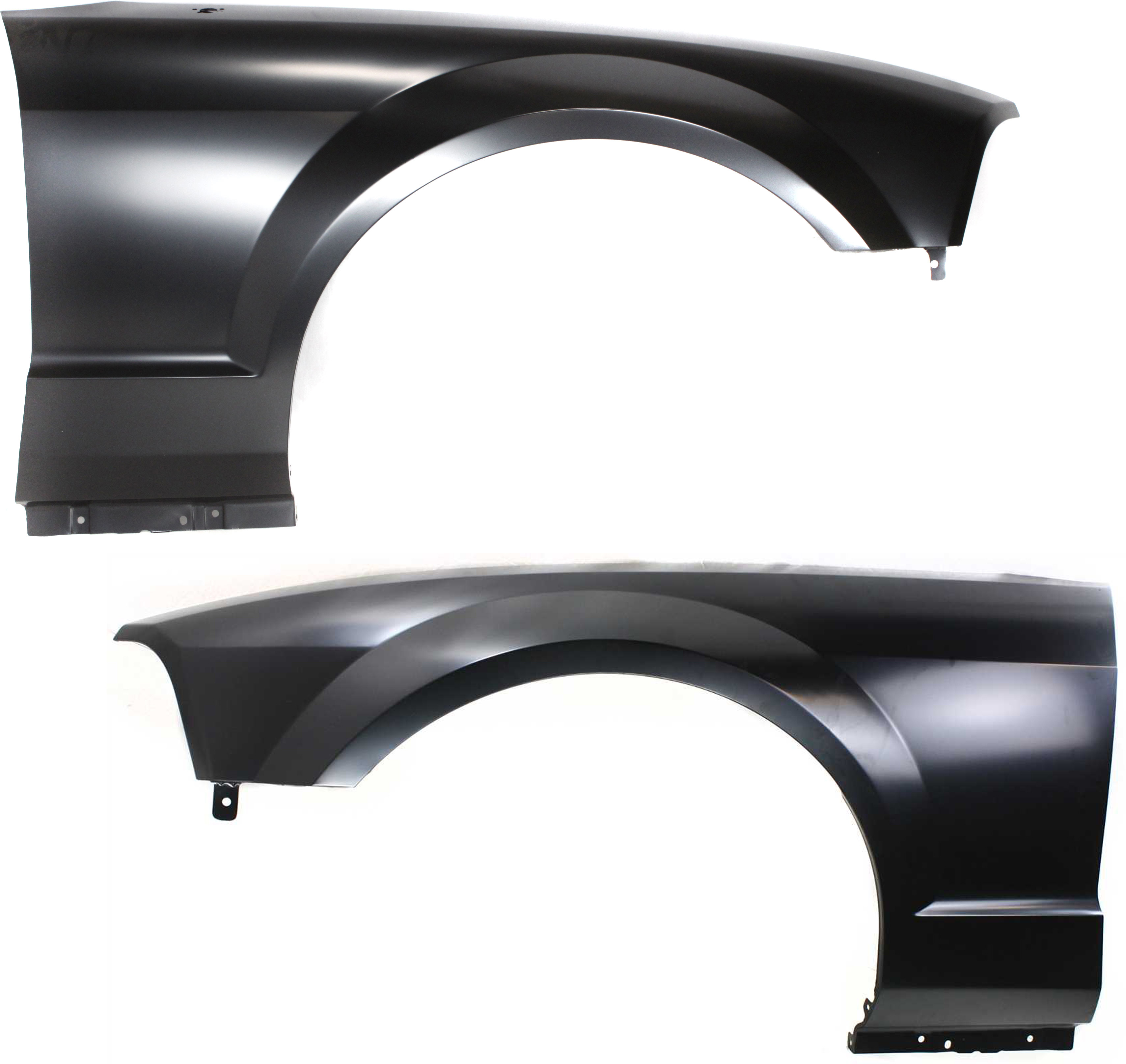 AM MUSTANG 05-09 FRONT FENDER RH AND LH Primed w o Wheel Opening Molding Holes SKU SET F220147 Partslink FO1241245 FO1240245 OEM 5R3Z16005AA 5R3Z16006AA