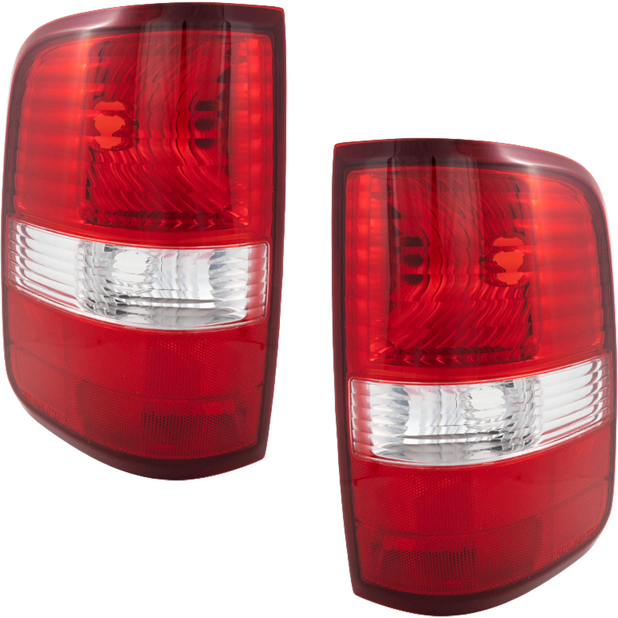 AM F 150-04-06 TAIL LAMP RH AND LH Lens and Housing Halogen Red Clear Styleside New Body Style Excludes Harley Davidson Model SKU SET F730121 Partslink FO2801182 FO2800182 OEM 5L3Z13404CA 6L3Z13404BA 5L3Z13