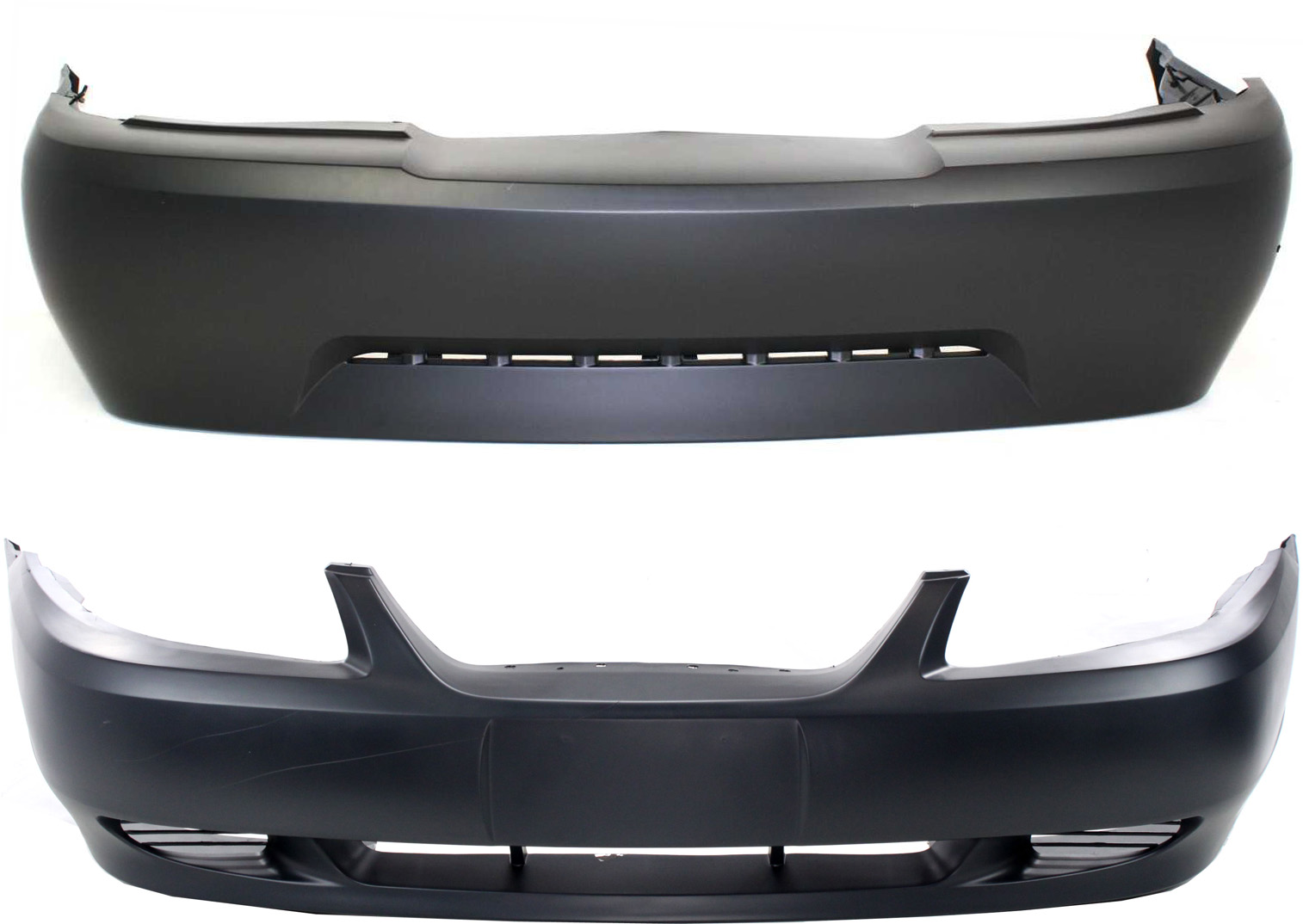 AM MUSTANG 99-04 FRONT AND REAR BUMPER COVER Set of 2 Primed Base Model SKU SET F760109P 2 Partslink FO1000437 FO1100284 OEM XR3Z17K835AA YR3Z17D957EA
