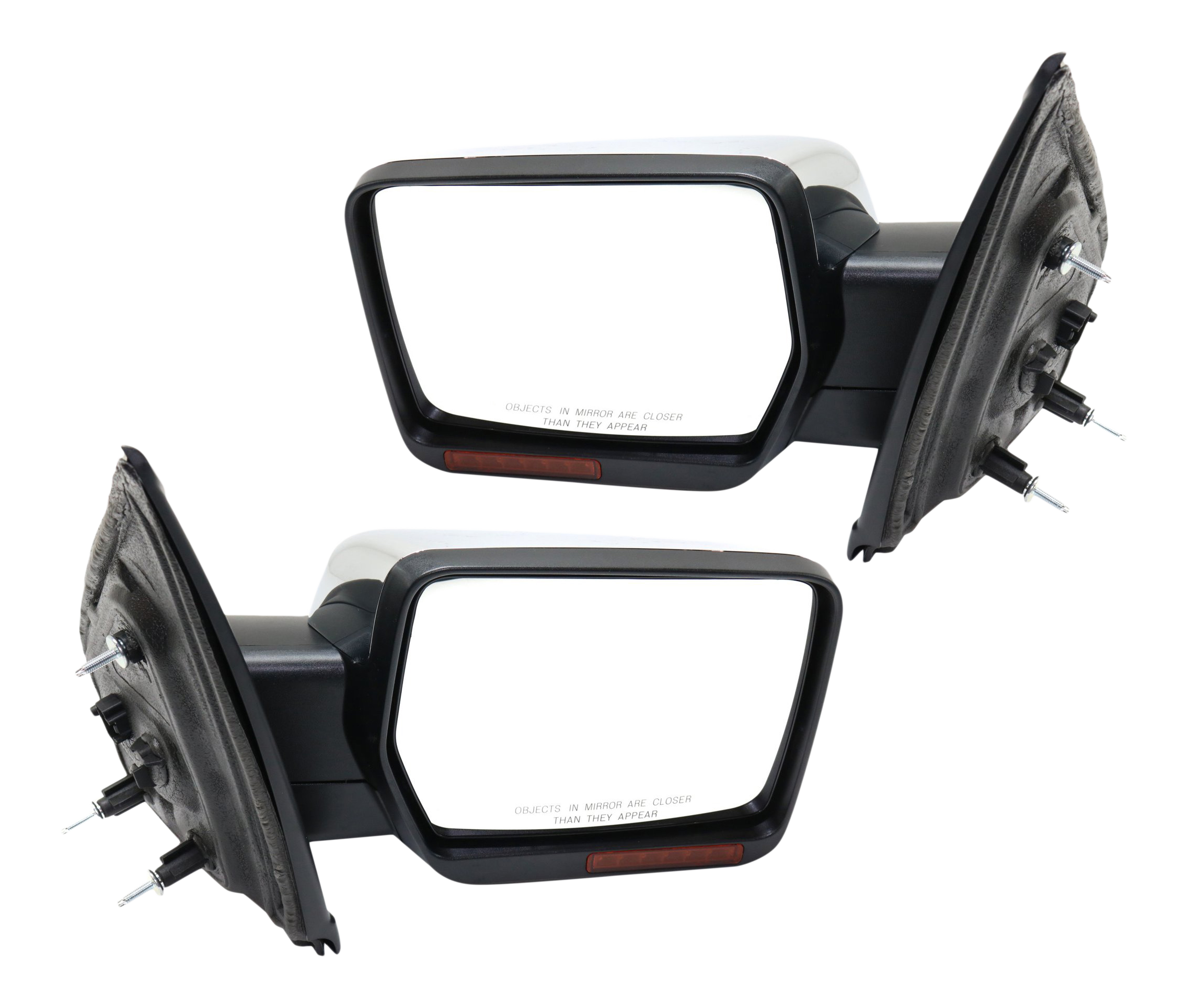 AM F 150-09-10 MIRROR RH AND LH Non Towing Power Manual Folding Heated Chrome w In housing Signal Light and Memory No Auto dimming and BSD SKU SET FD204CR S Partslink FO1320355 FO1321355 OEM 9L3Z17682GA 9L3Z17683GA