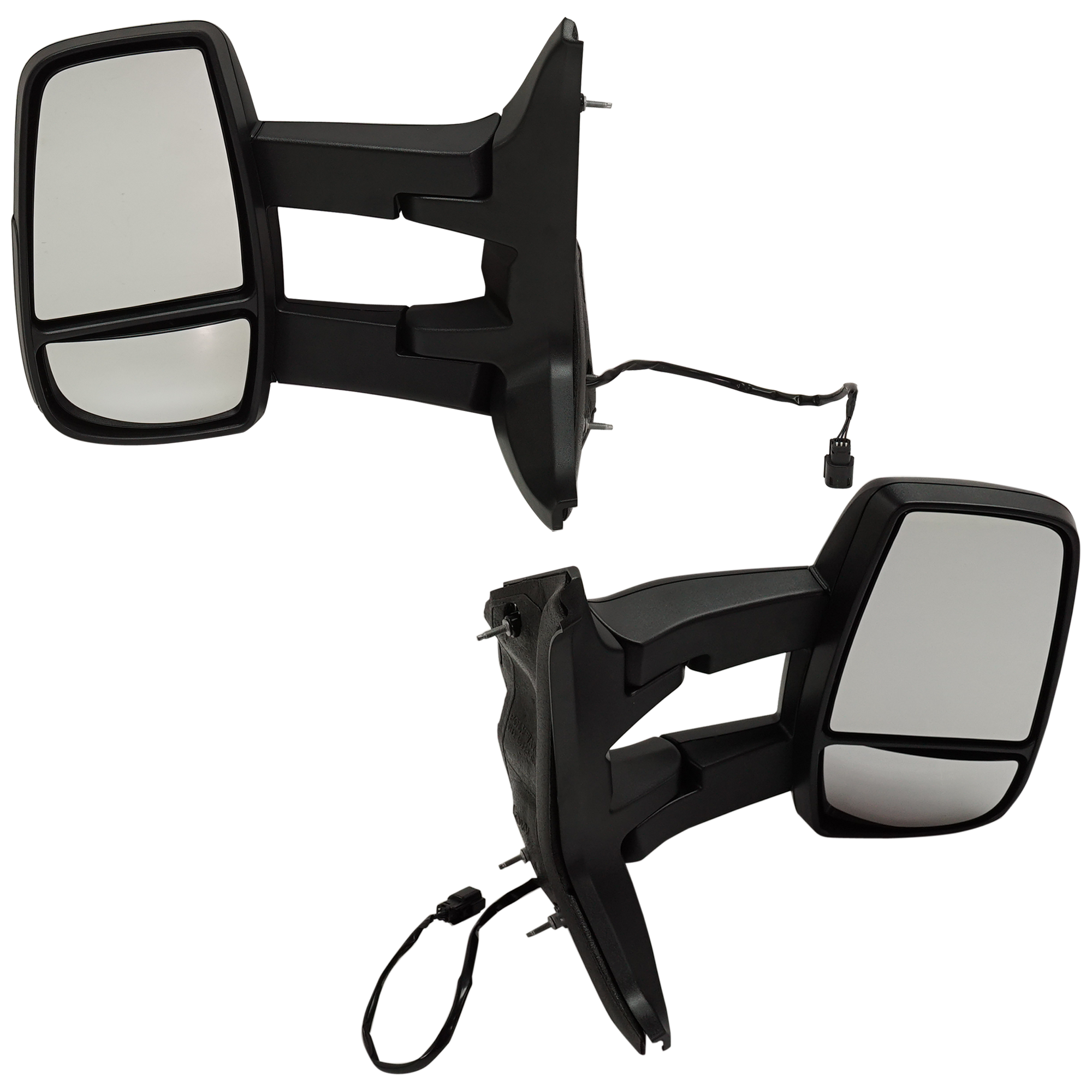 AM TRANSIT VAN 15-17 TOWING MIRROR RH AND LH Power Manual Folding Non Heated Textured w Long Arm SKU SET FD387ER A Partslink FO1320629 FO1321626 OEM CK4Z17683HB CK4Z17683HA EK4Z17