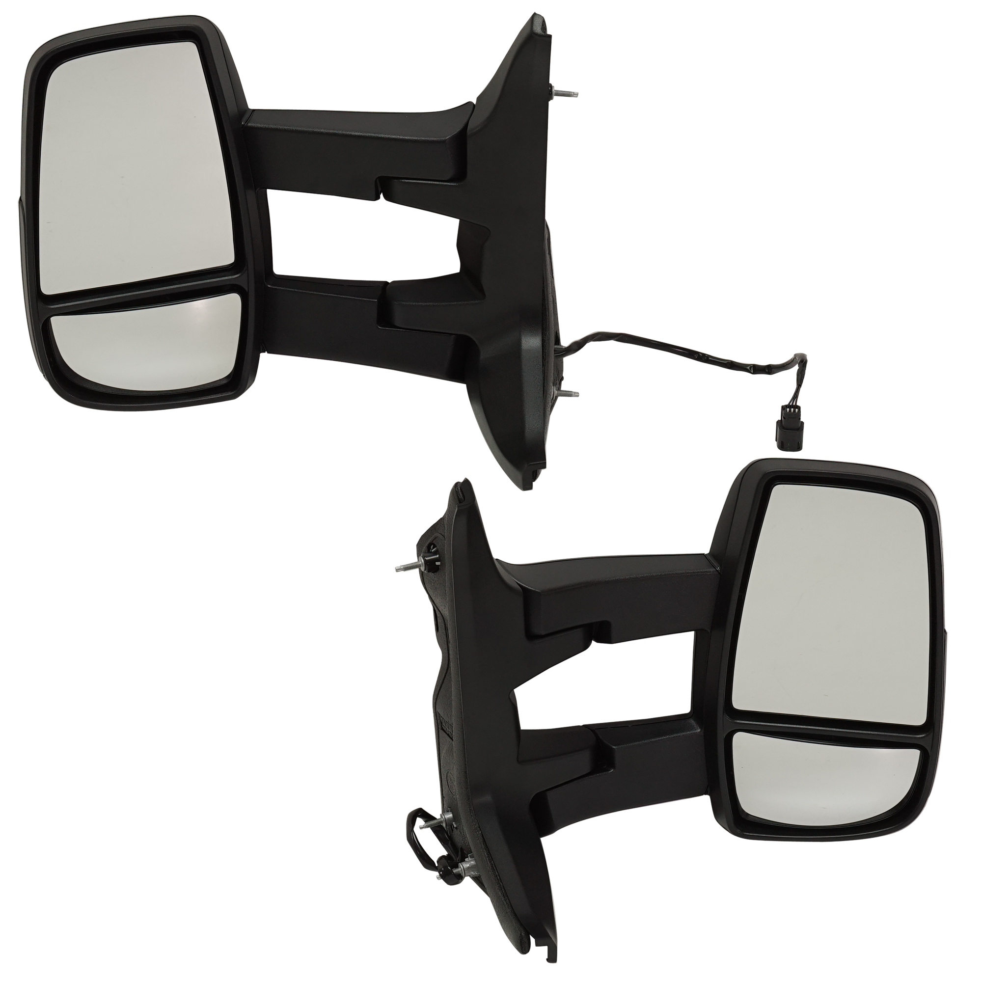 AM TRANSIT VAN 15-17 TOWING MIRROR RH AND LH Power Manual Folding Non Heated Textured w Long Arm w Medium High Roof SKU SET FD393ER Partslink FO1320629 FO1321629 OEM CK4Z17682HB CK4Z17682HA CK4Z17