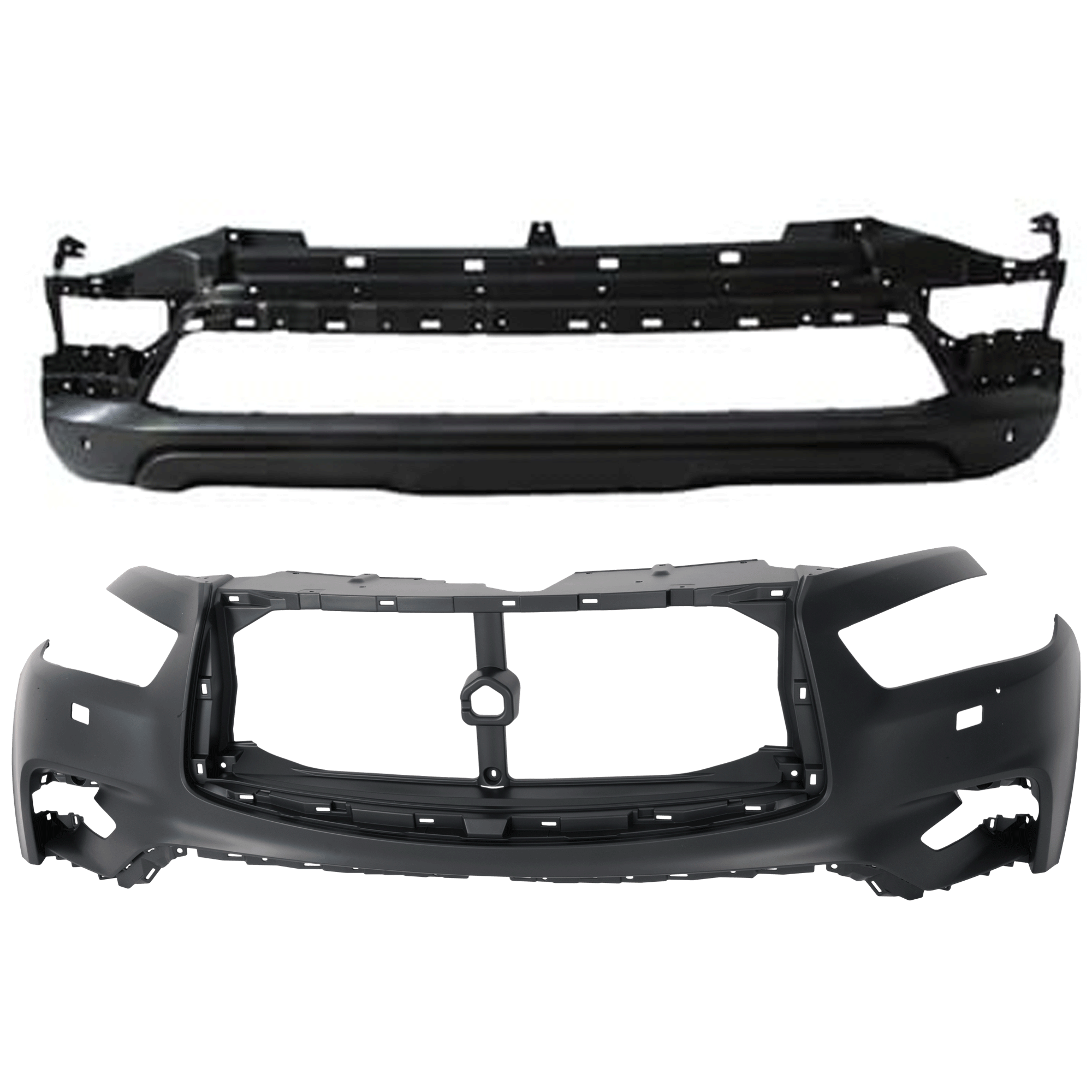 AM QX80-18-23 FRONT BUMPER COVER Upper and Lower Primed w Headlight Washer Holes CAPA SKU SET GI01030029PQ Partslink IN1014101C IN1015102C OEM 620226GW1H 620266GW0H
