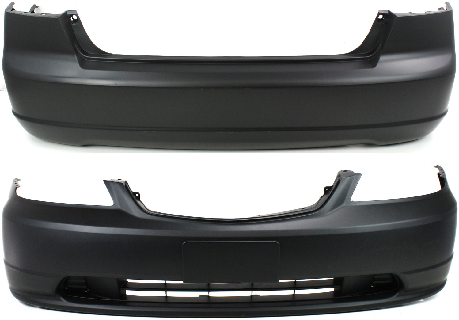 AM CIVIC 01-03 FRONT AND REAR BUMPER COVER Primed Sedan CAPA SKU SET H010303PQ 2 Partslink HO1000197C HO1100200C OEM 04711S5PA90ZZ 04715S5AA90ZZ