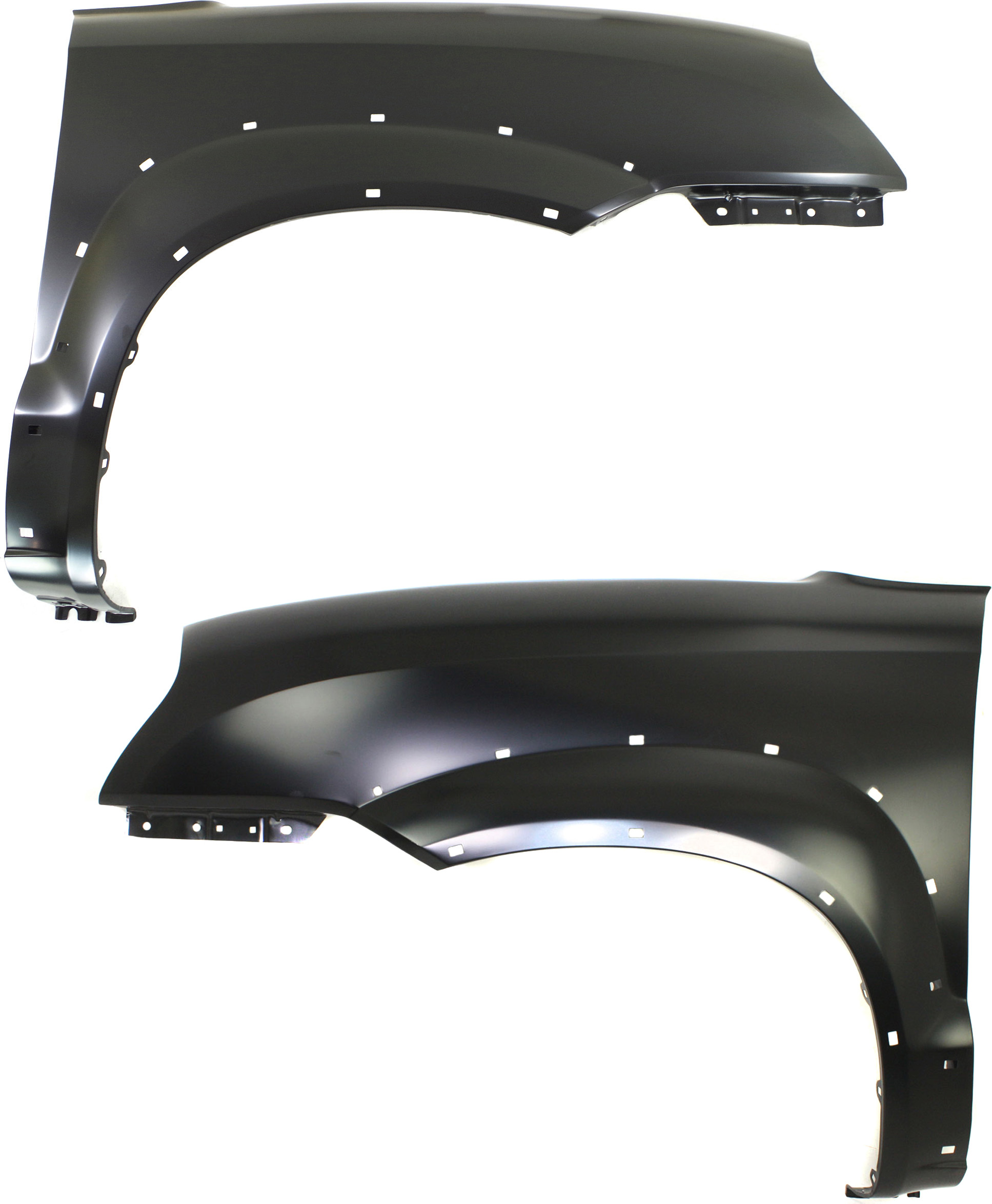 AM TUCSON 05-09 FRONT FENDER RH AND LH Primed 2.0L Eng. w o Signal Light Hole w Side Cladding Hole Steel SKU SET H220165 Partslink HY1241136 HY1240136 OEM 663212E110-663112E110