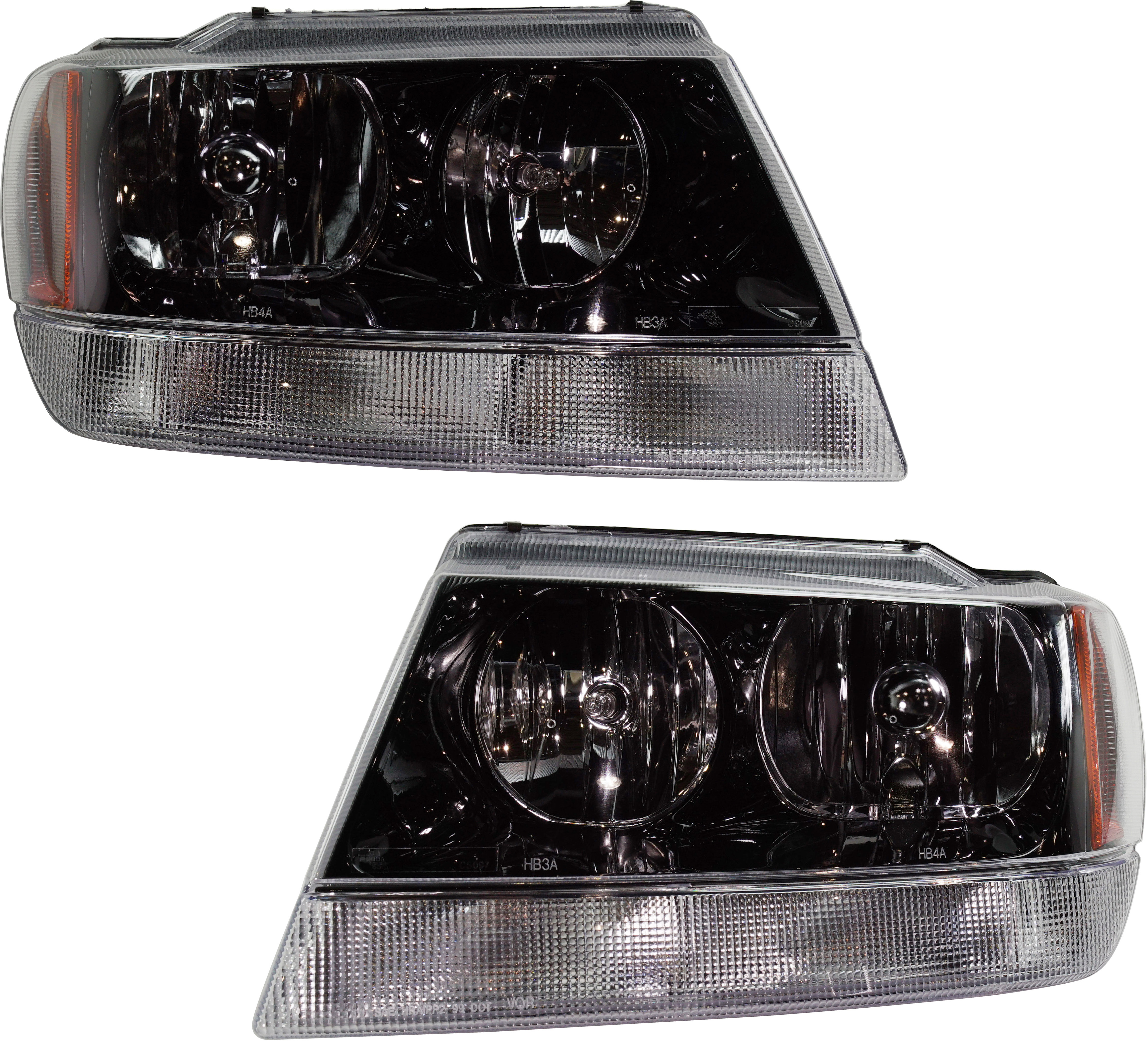 AM GRAND CHEROKEE 02-04 HEAD LAMP RH AND LH Assembly Halogen Black Interior w o Wiring Harness Laredo Sport Models From 01-15-2002 SKU SET J100105 Partslink CH2502138 CH2503138 OEM 55155128AJ 55155129AJ