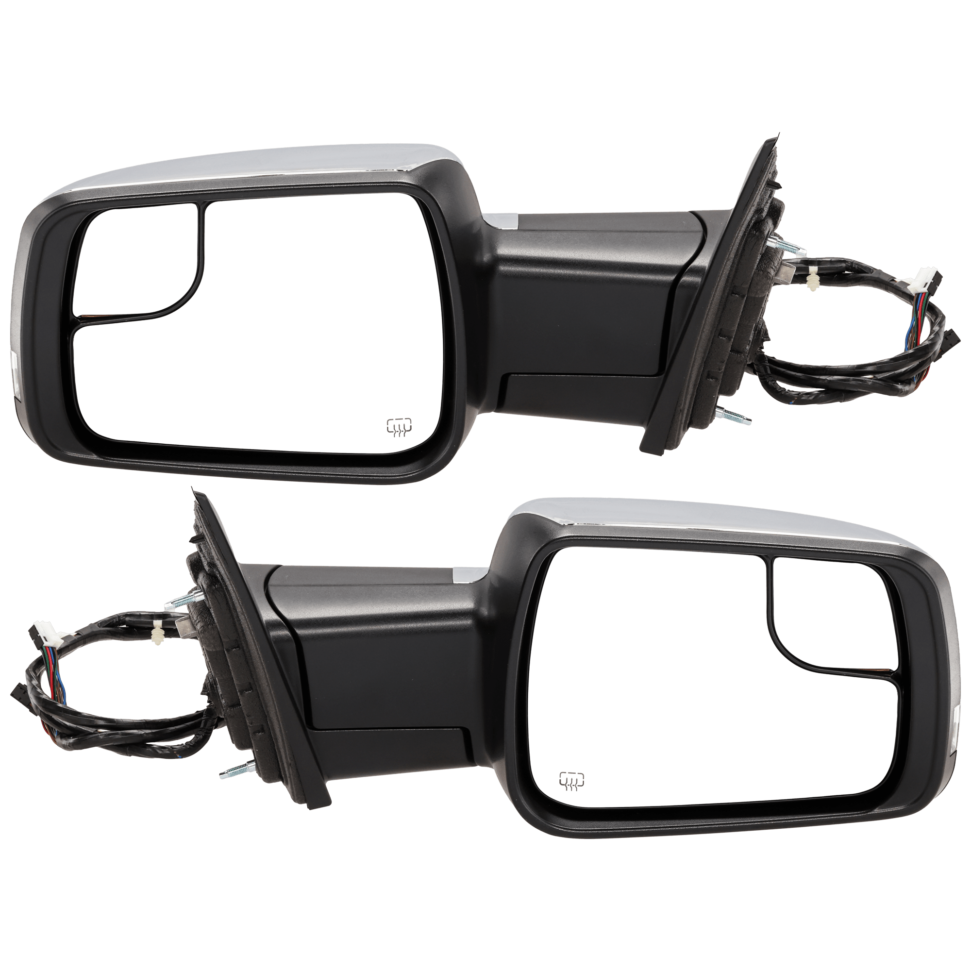 AM RAM 1500-19-22 MIRROR RH AND LH Power Power Folding Heated Chrome w Signal Light Puddle Light Memory Blind Spot Corner Glass w o Surround View Camera Towing Pkg LH w Temp Sensor SKU SET JDG162CR S Partslink CH1320474 CH1321474 OEM 68276504AH PFM 68462775AB