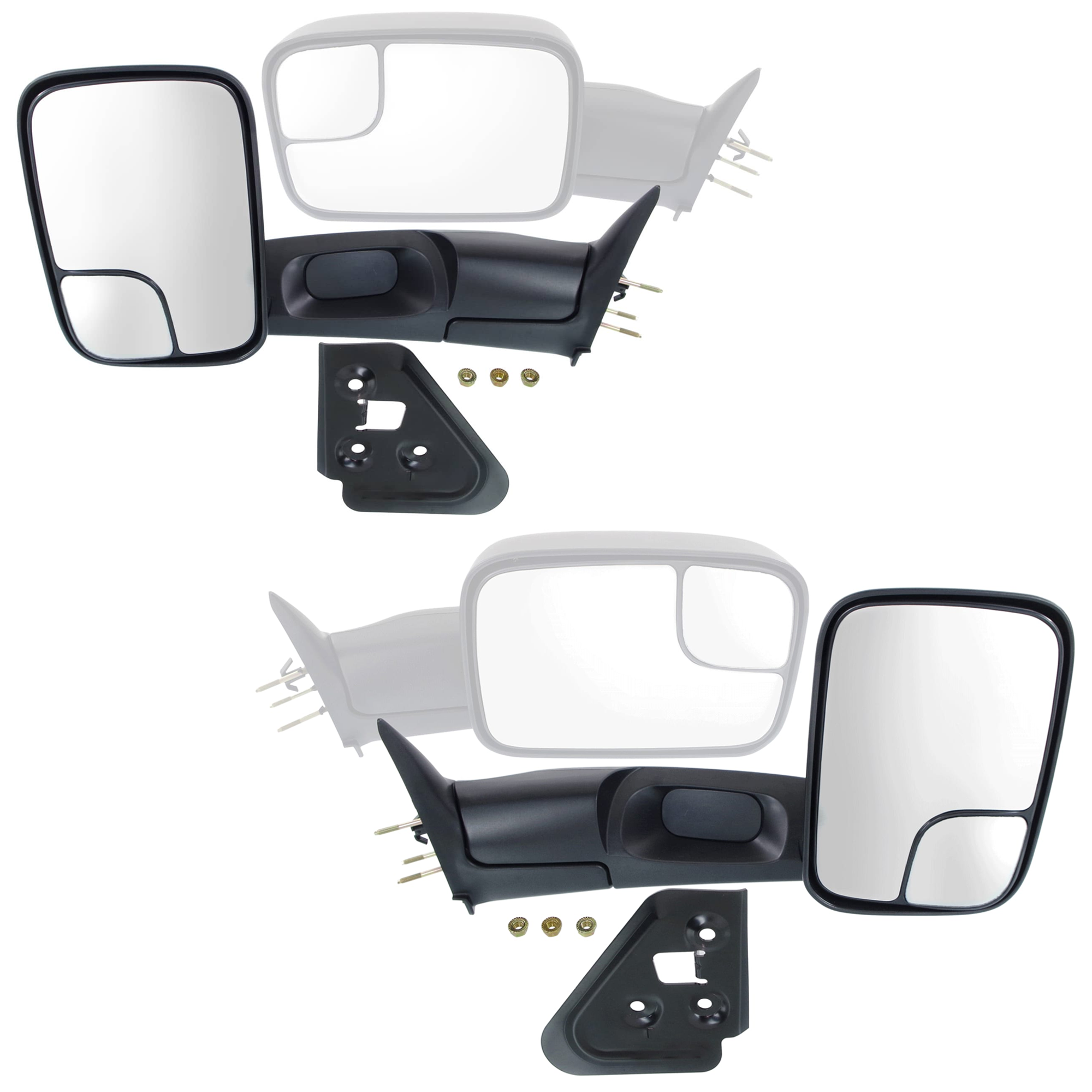 AM RAM 1500 P U 94-01 RAM 2500-3500 P U 94-02 TOWING MIRROR RH AND LH Manual Adjust Manual Folding Non Heated Textured w Bracket and Blind Spot Glass SKU SET JDG49R Partslink CH1320332 CH1321332 OEM 55156334AD PFM 55156335AD PFM