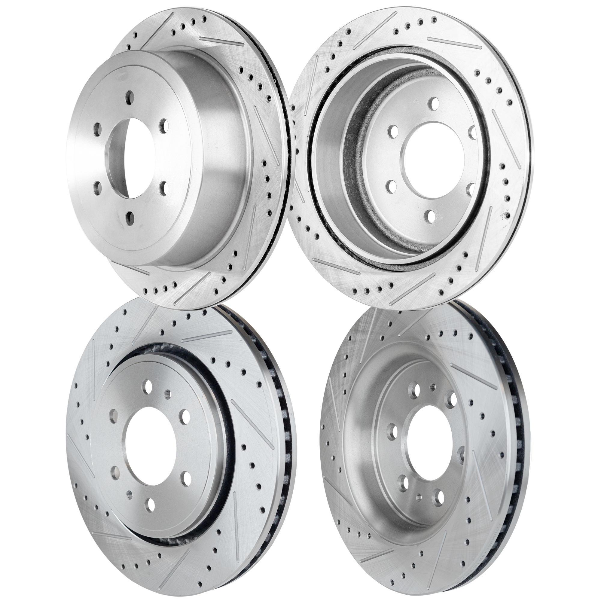 AM F 150-10-11 FRONT AND REAR BRAKE DISC RH AND LH 4 Wheel Set Cross drilled and Slotted SKU SET JF27110040DRS4 OEM 19347-54111-145521-492535-6801