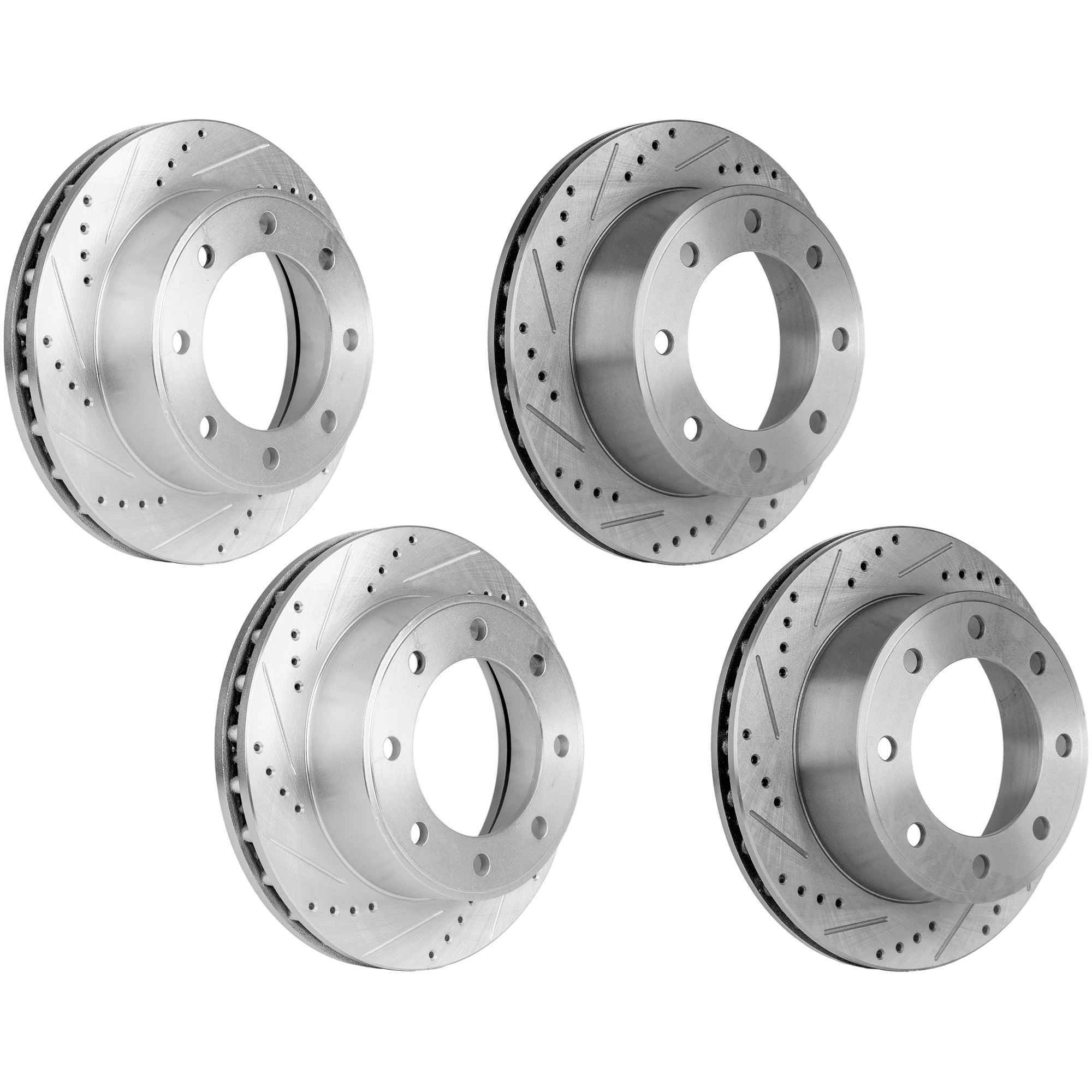 AM F 250 SUPER DUTY F 350 SUPER DUTY 99-04 FRONT AND REAR BRAKE DISC RH AND LH 4 Wheel Set Cross drilled and Slotted SKU SET JF27110078DRS4 OEM 19907-54074-66823-102002-14525