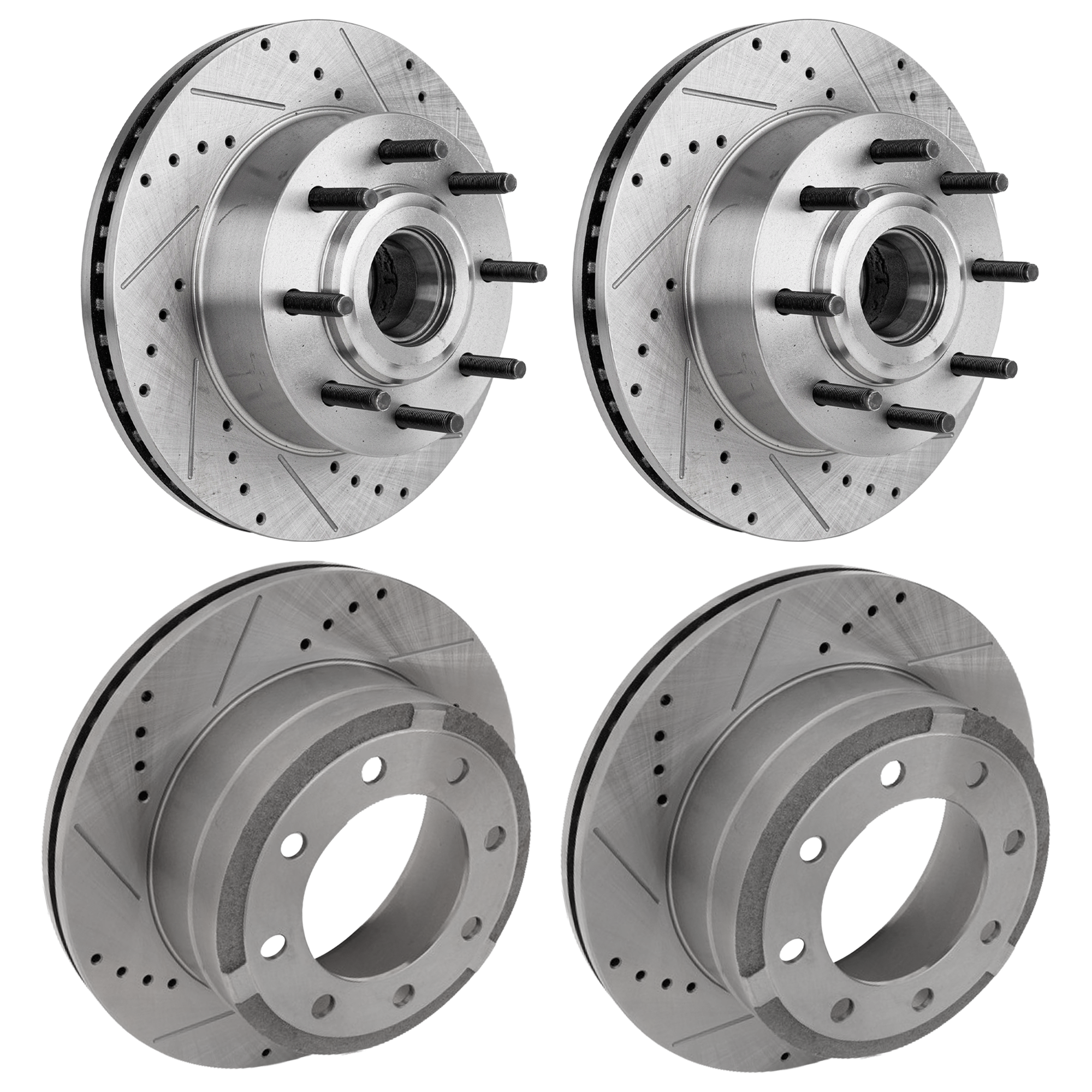 AM F 250 SUPER DUTY F 350 SUPER DUTY 12-12 FRONT AND REAR BRAKE DISC RH AND LH 4 Wheel Set Cross drilled and Slotted SKU SET JF27110120DRS4 OEM 42259-54160-60411-850066-90036