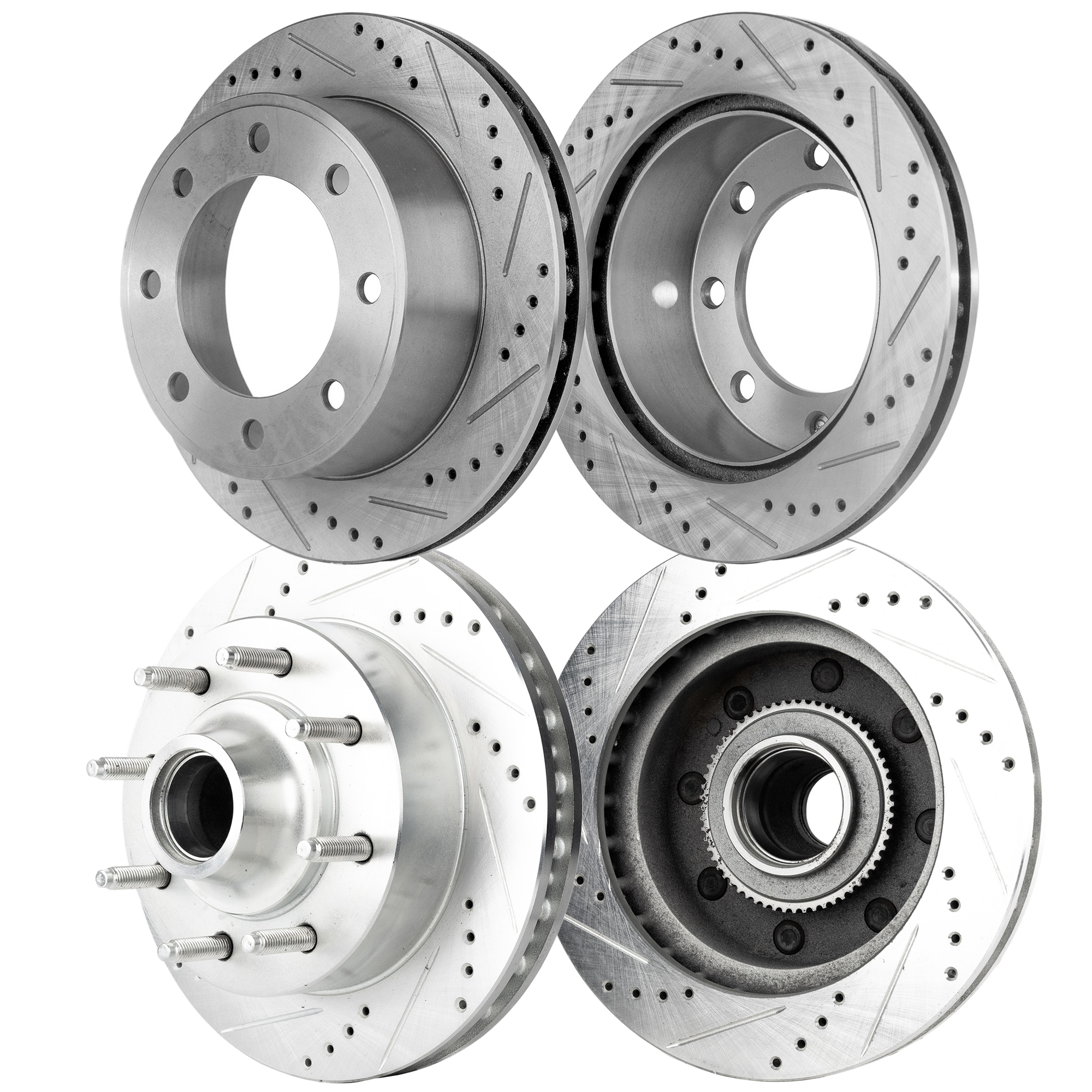 AM F 250 SUPER DUTY F 350 SUPER DUTY 99-02 FRONT AND REAR BRAKE DISC RH AND LH 4 Wheel Set Cross drilled and Slotted SKU SET JF27110122DRS4 OEM 19907-54074-66823-102002-14525