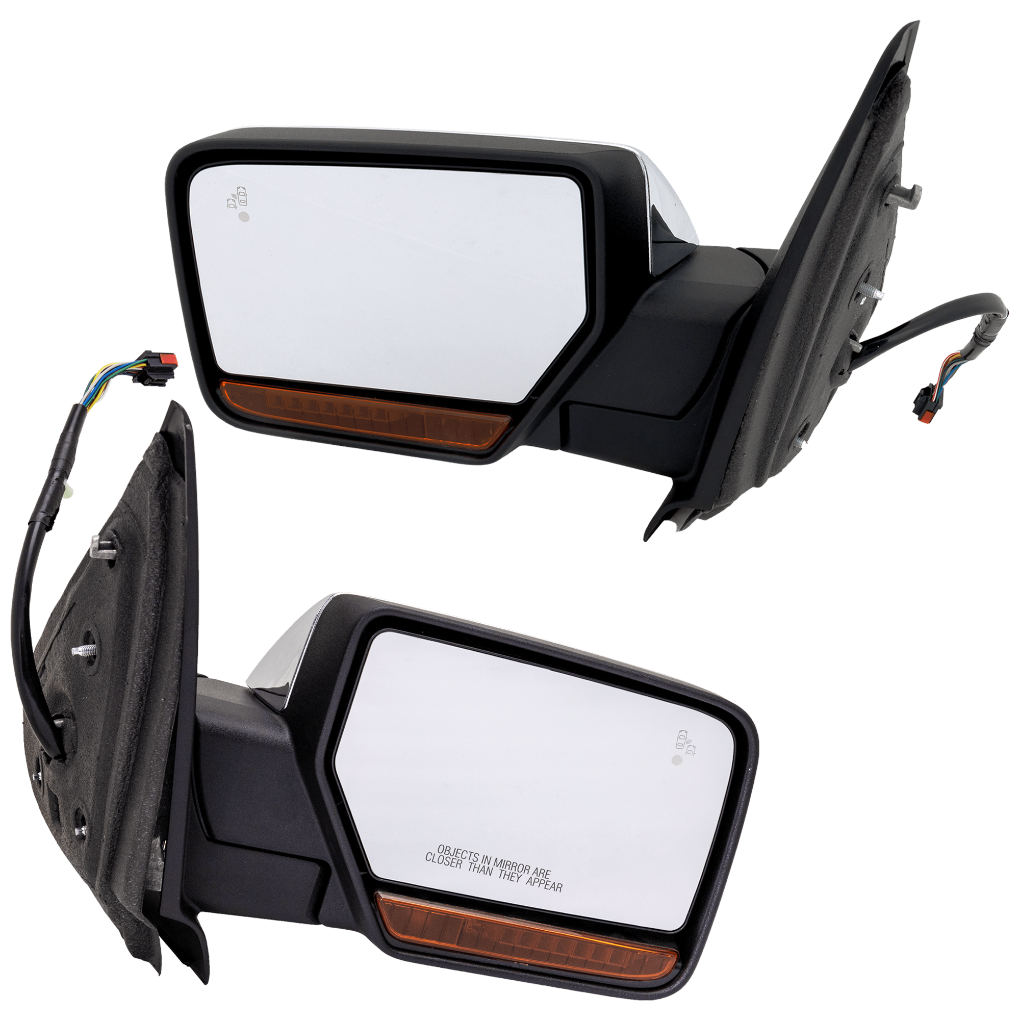 AM EXPEDITION 15-17 MIRROR RH AND LH Non Towing Power Power Folding Heated Chrome w BSD in Glass In housing Signal Light and Memory No Auto dimming SKU SET JFD02CR S2 Partslink FO1320507 FO1321507 OEM FL1Z17682BA FL1Z17683BA