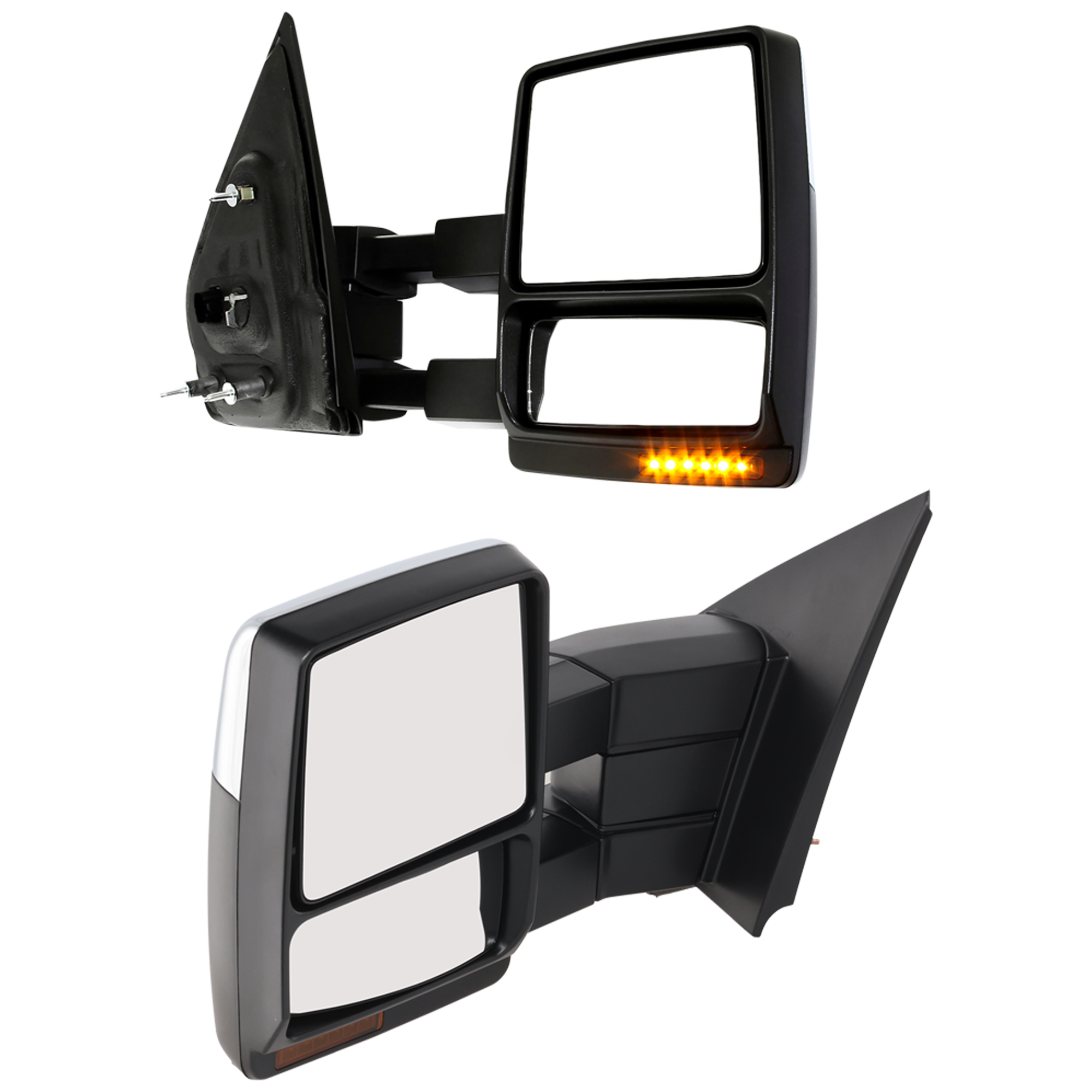 AM F 150-09-14 TOWING MIRROR RH AND LH Power Manual Folding Heated Chrome w Memory Puddle Light and Signal Light SKU SET JFD201ER S Partslink FO1320388 FO1321388 OEM 9L3Z17682EC 9L3Z17683EC
