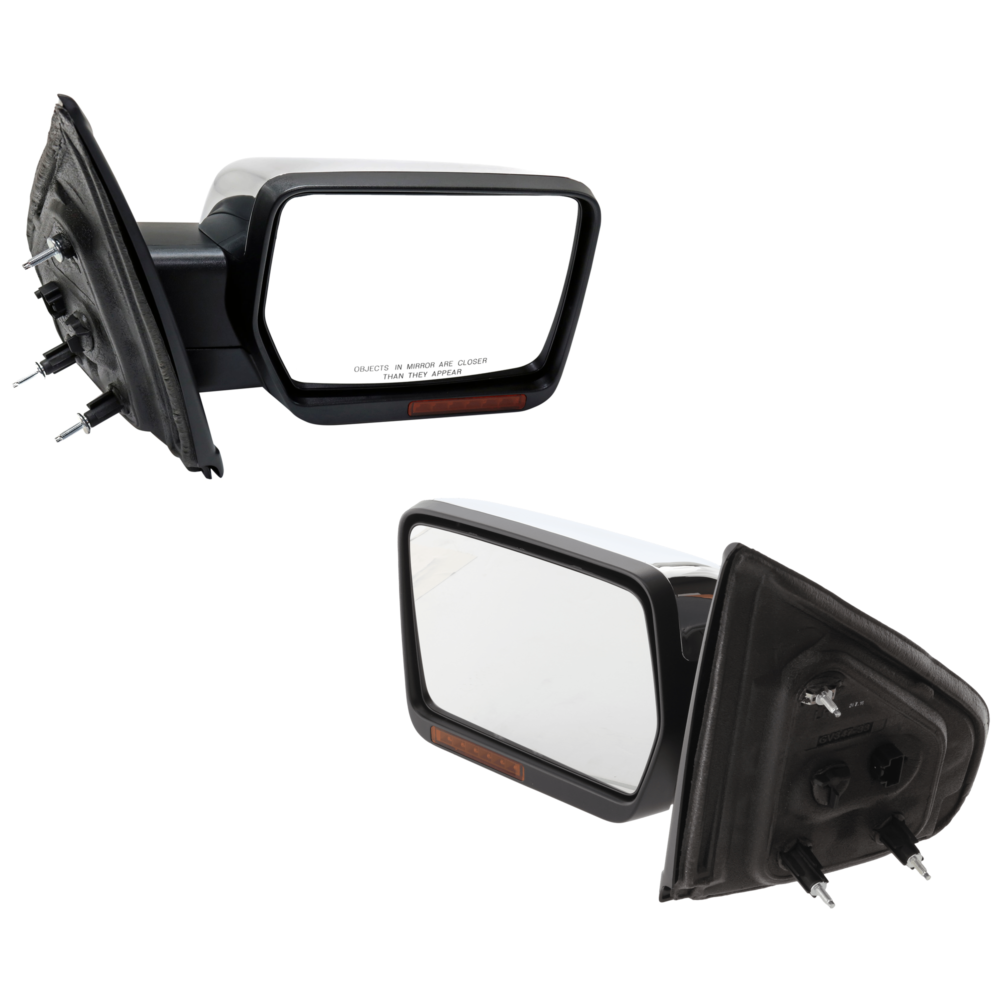 AM F 150-09-10 MIRROR RH AND LH Non Towing Power Manual Folding Heated Chrome w In housing Signal Light and Memory No Auto dimming and BSD SKU SET JFD204CR S Partslink FO1320355 FO1321355 OEM 9L3Z17682GA 9L3Z17683GA