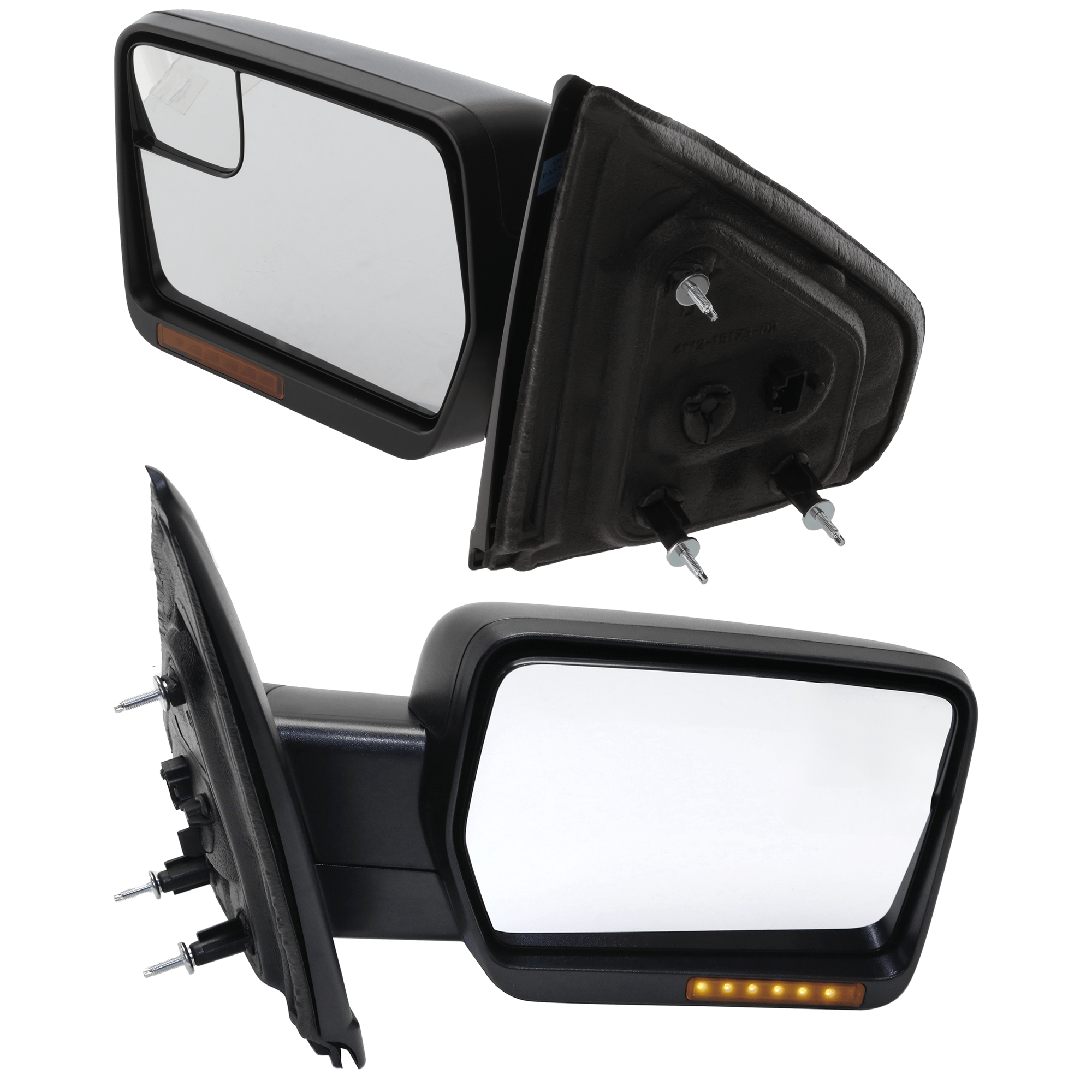 AM F 150-11-14 MIRROR RH AND LH Power Manual Folding Heated No Memory and Puddle Light w Signal Light All Cab Types Txtd Blk SKU SET JFD224ER S Partslink FO1320407 FO1321407 OEM BL3Z17682CA BL3Z17683CA PFM