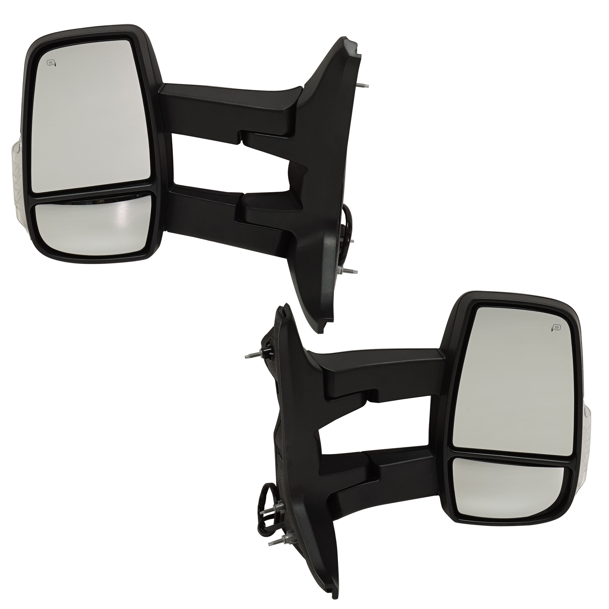 AM TRANSIT VAN 15-19 TOWING MIRROR RH AND LH Power Manual Folding Heated Textured w Long Arm and Signal Light w Low Roof SKU SET JFD388ER S Partslink FO1320627 FO1321627 OEM EK4Z17682FB EK4Z17682FA EK4Z17