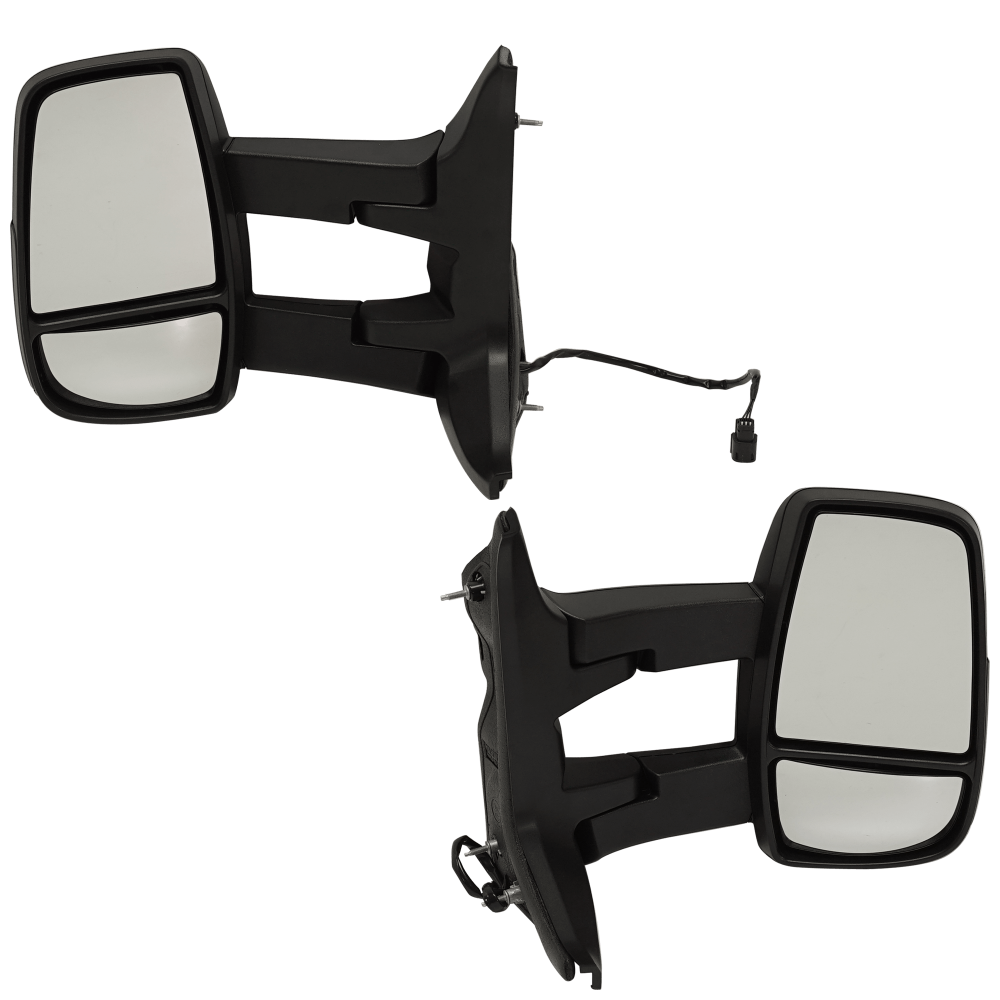 AM TRANSIT VAN 15-17 TOWING MIRROR RH AND LH Power Manual Folding Non Heated Textured w Long Arm w Medium High Roof SKU SET JFD393ER Partslink FO1320629 FO1321629 OEM CK4Z17682HB CK4Z17682HA CK4Z17