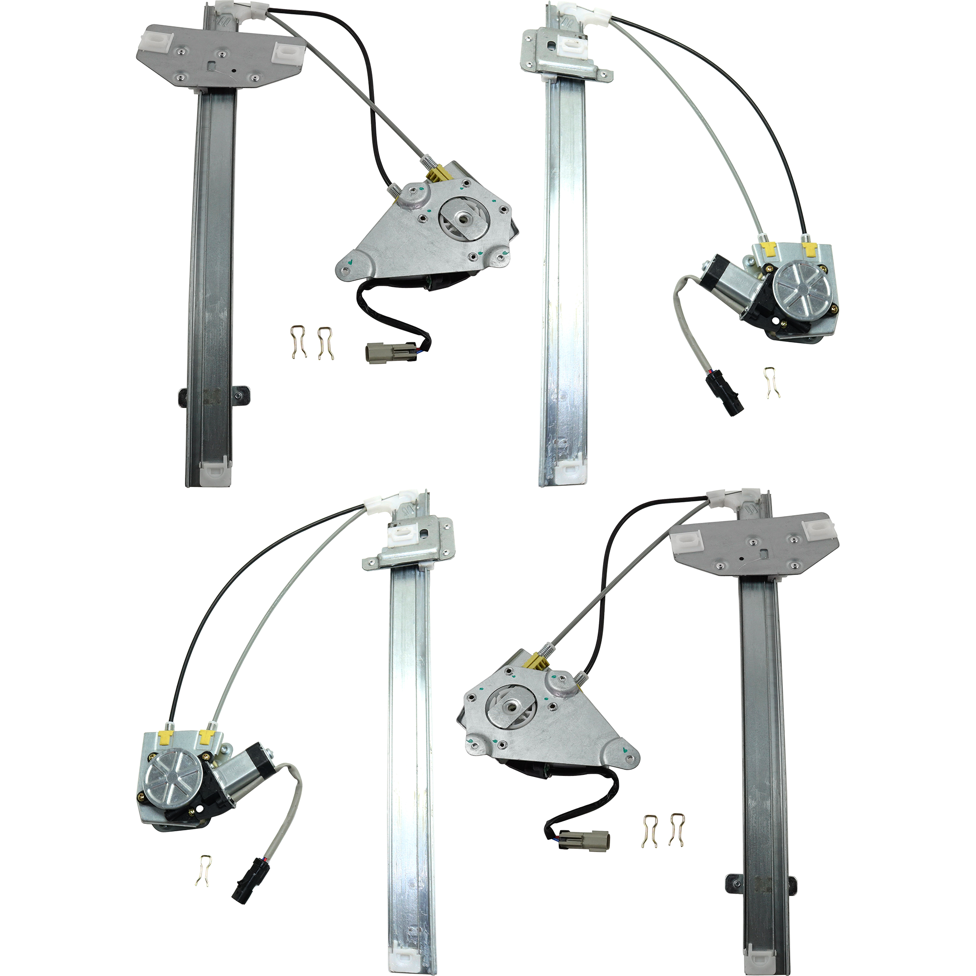 AM LIBERTY 02-06 FRONT AND REAR WINDOW REGULATOR RH AND LH Power w Motor Ball Stud Style w Spring Clip SKU SET JJ462909-4 Partslink CH1350155 CH1351155 CH1550111 CH1551111 OEM 68059644AA 68059645AA 68059646