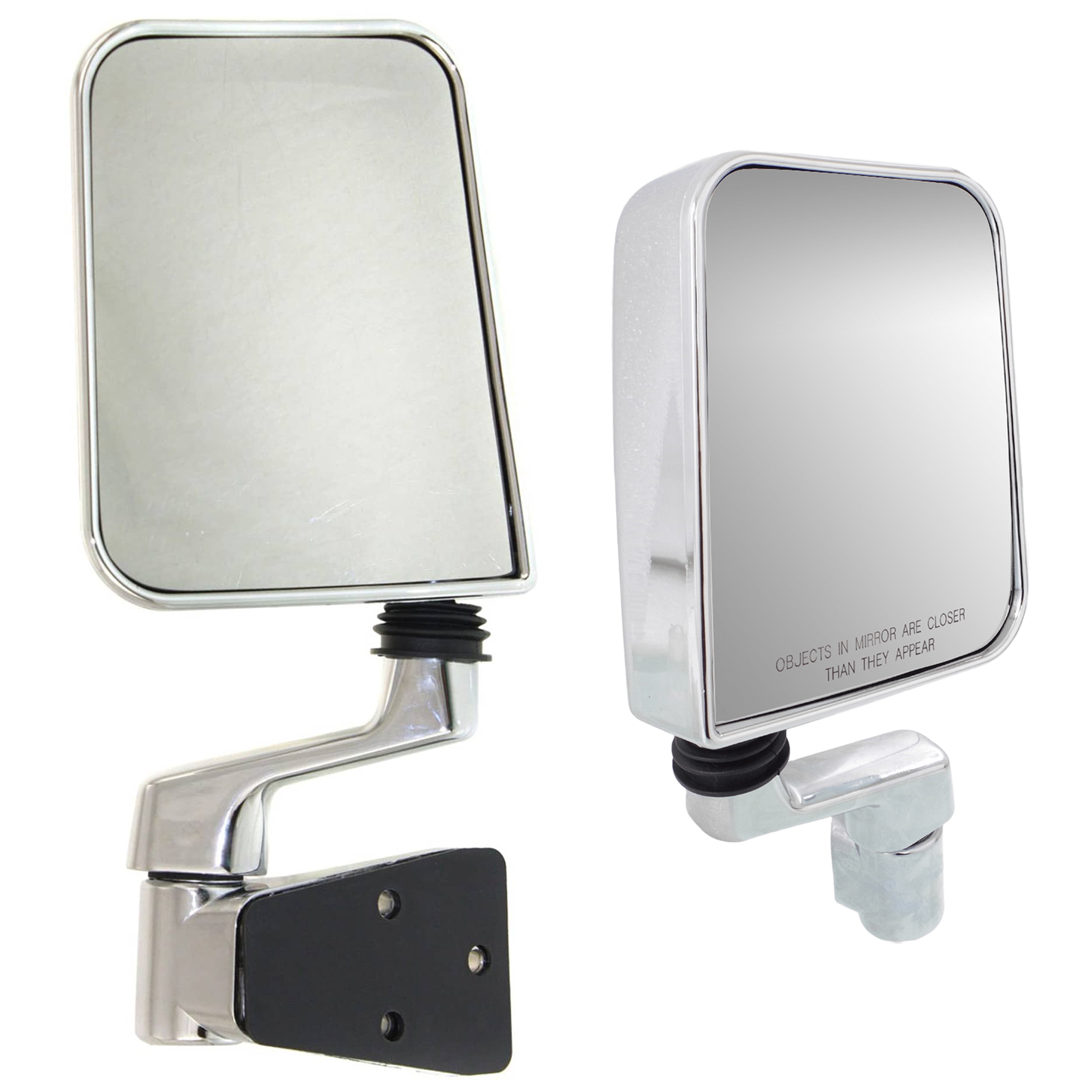 AM WRANGLER 87-02 MIRROR RH AND LH Manual Adjust Manual Folding Non Heated Chrome Metal Housing w Solid Arm SKU SET JJP12CR Partslink CH1320189 CH1321189 OEM 55027207 PFM 55027208 PFM