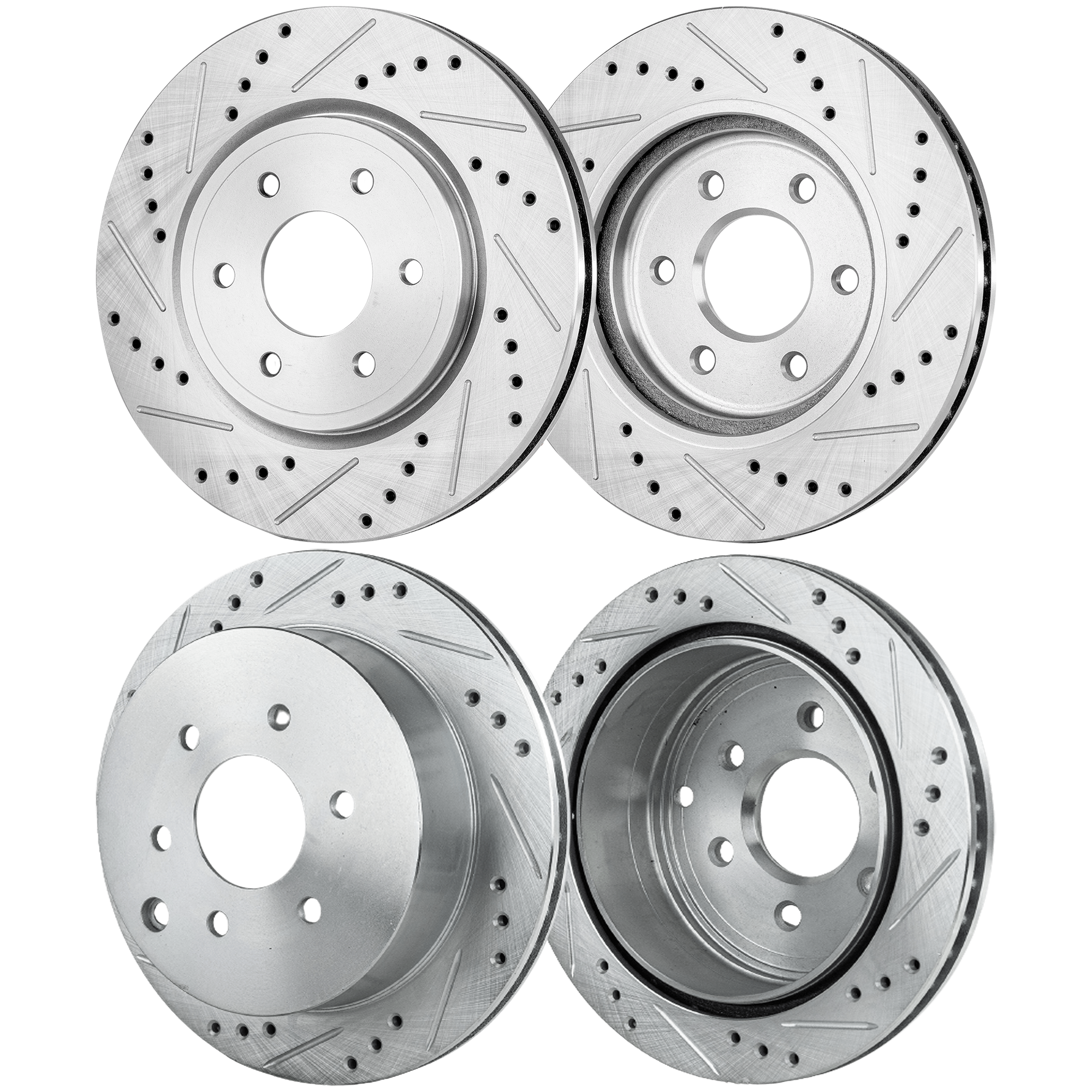 AM EQUATOR 09-12 FRONTIER 05-23 FRONT AND REAR BRAKE DISC RH AND LH Cross drilled and Slotted Vented 6 Lugs 4 Wheel Set SKU SET JN27110036DRS4 OEM 31410-44585-0832977-980368-488