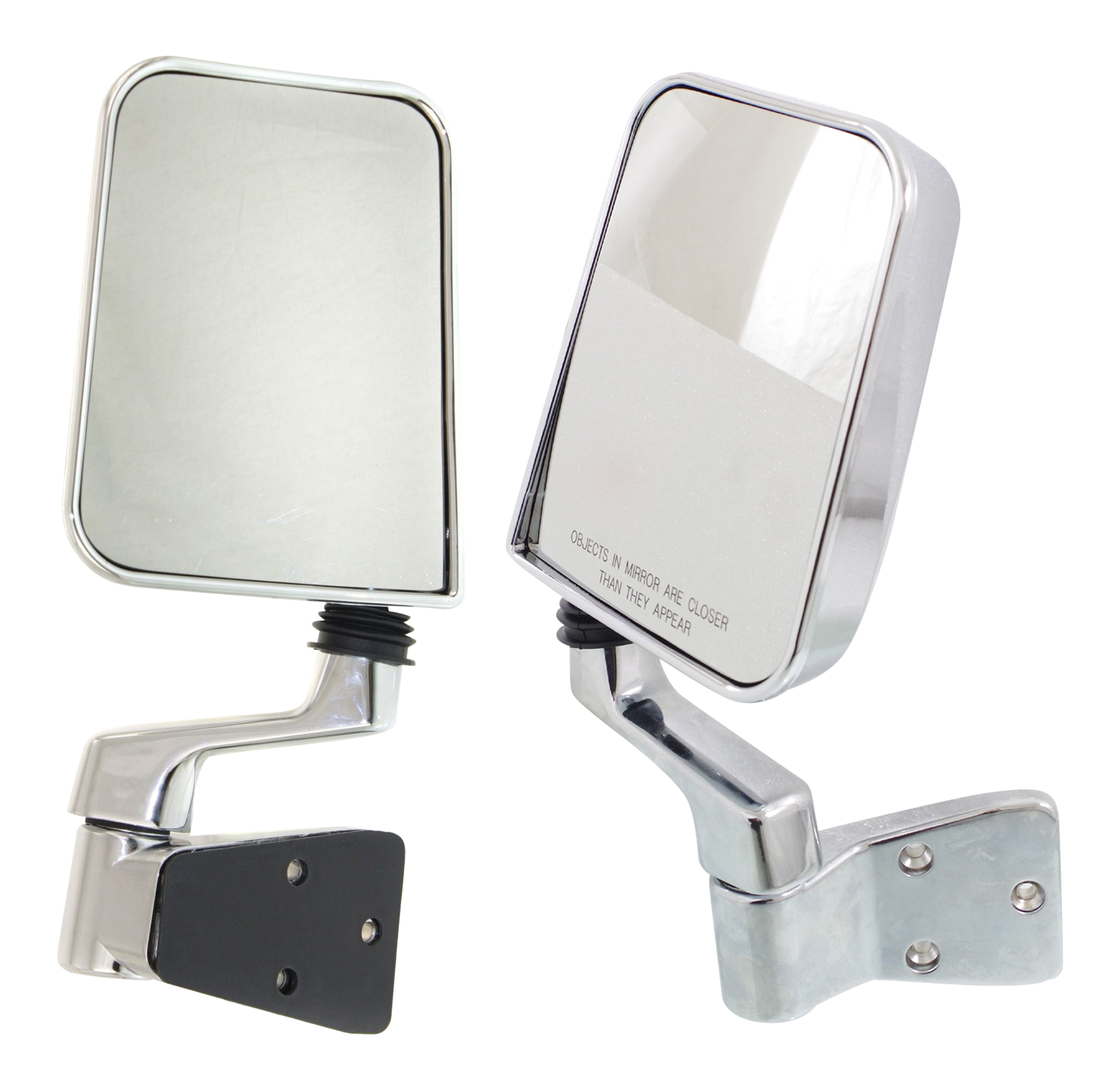 AM WRANGLER 87-02 MIRROR RH AND LH Manual Adjust Manual Folding Non Heated Chrome Door Panel Mount Type Metal Housing w Solid Arm SKU SET JP12CR Partslink CH1320189 CH1321189 OEM 55027207 PFM 55027208 PFM