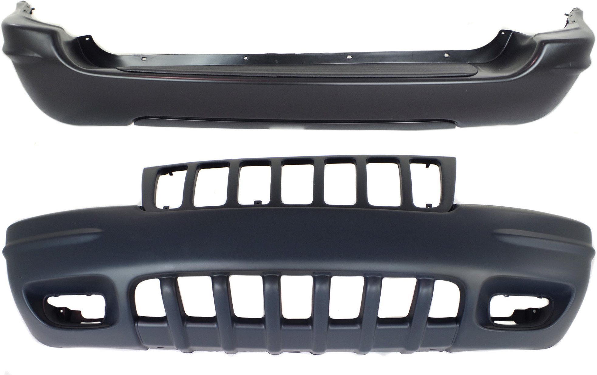 AM GRAND CHEROKEE 99-00 FRONT AND REAR BUMPER COVER Primed Limited Model SKU SET JP3111P 2 Partslink CH1000266 CH1100197 OEM 5012668AA 5012804AB