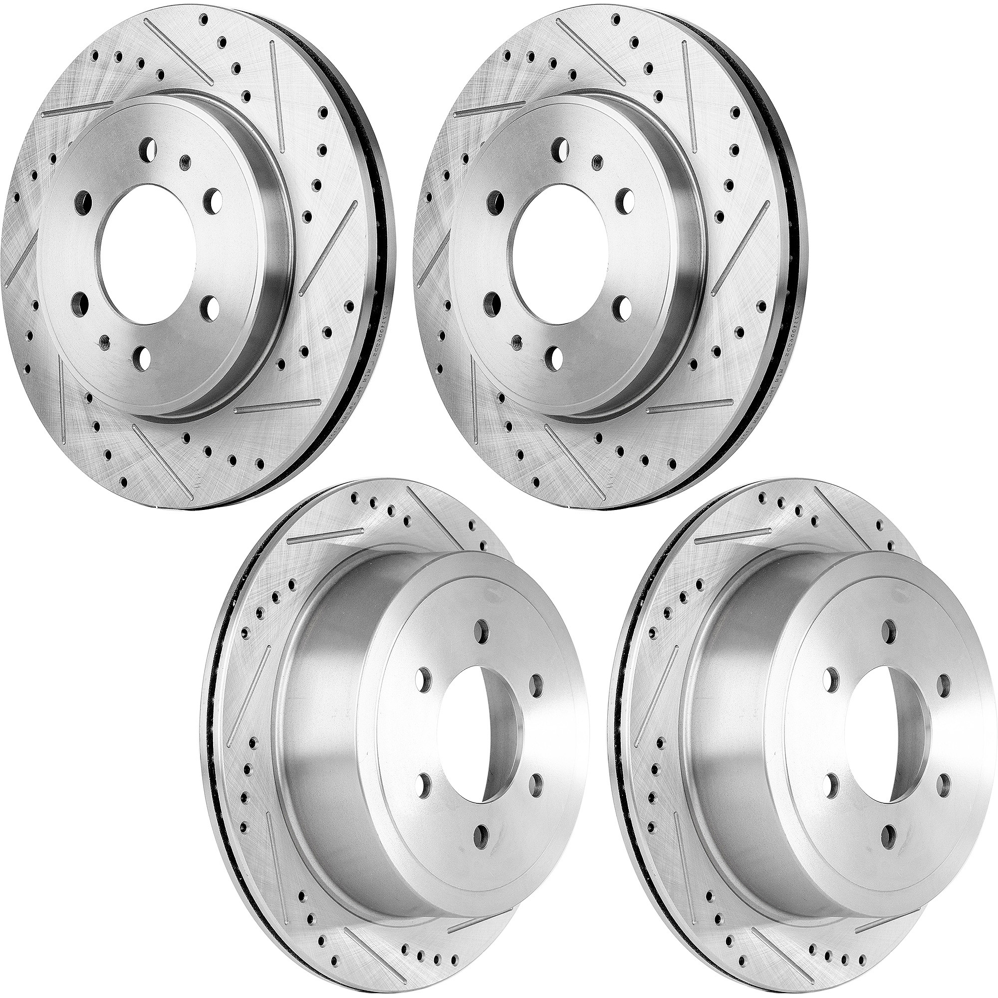 AM F 150-09-09 FRONT AND REAR BRAKE DISC 6 Lug Cross drilled and Slotted Set of 4 SKU SET JSTPF27110062DRS OEM 19347-54111-145521-492535-6801