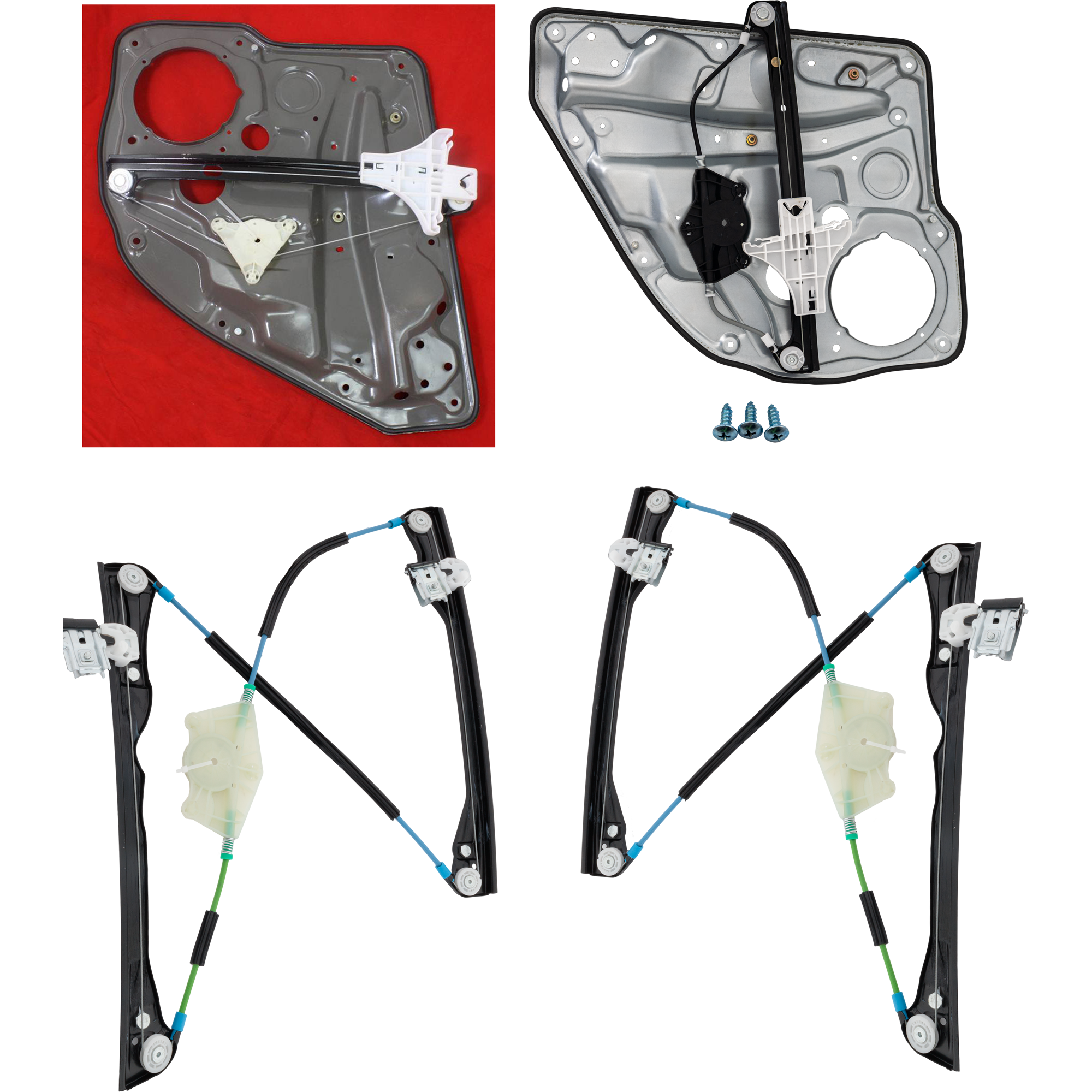 AM GOLF 99-06 FRONT AND REAR WINDOW REGULATOR RH and LH Power w o Motor Rear Window Regulator w Panel SKU SET JV462917-4 Partslink VW1350104 VW1351104 VW1550102 VW1551102 OEM 1J4837461F 1J4837462F 1J483946