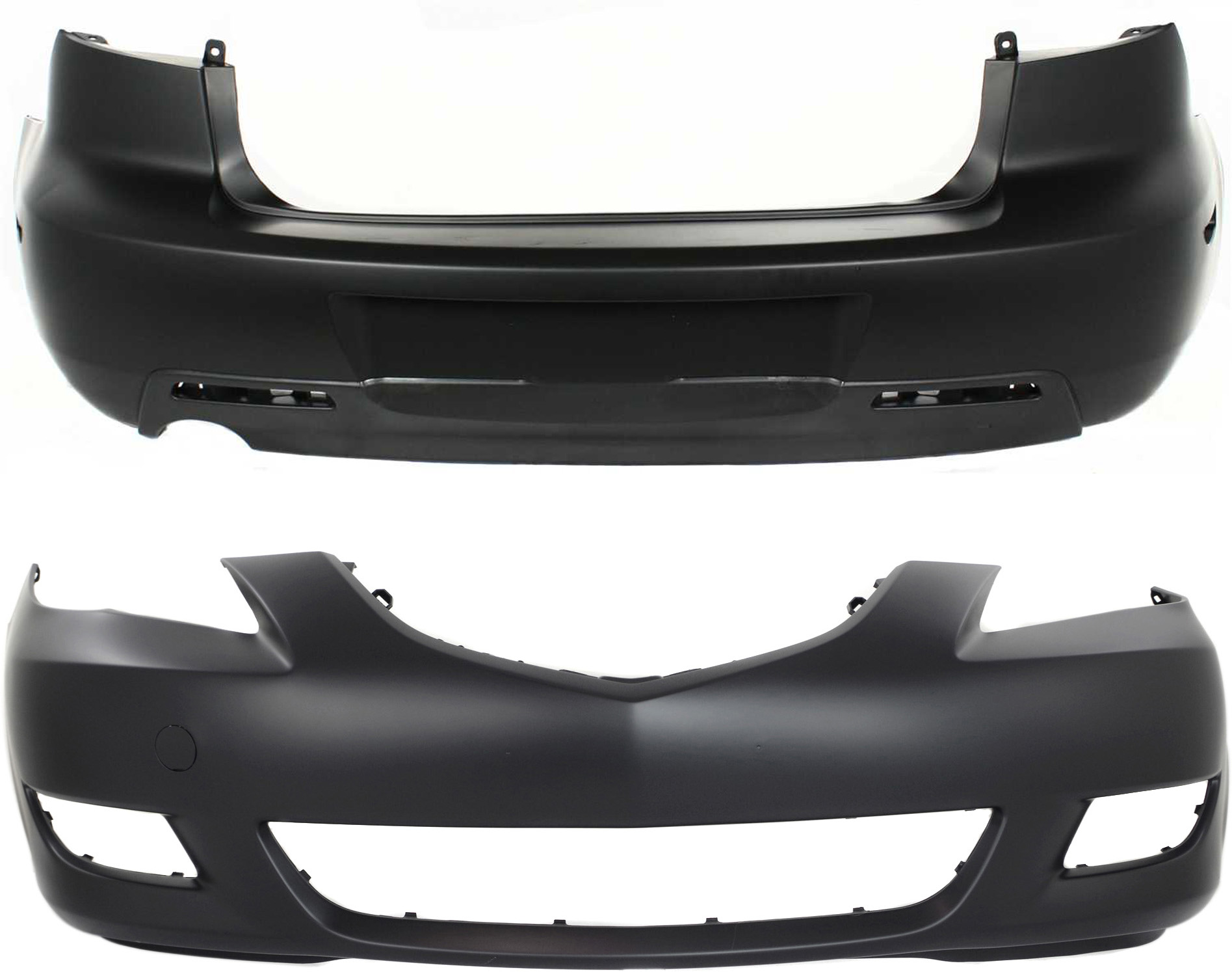 AM MAZDA 3-04-06 FRONT AND REAR BUMPER COVER Primed Standard Type Sedan SKU SET M010337P 2 Partslink MA1000196 MA1100174 OEM BNYP5003XEBB BN8P50221HAA BN8P