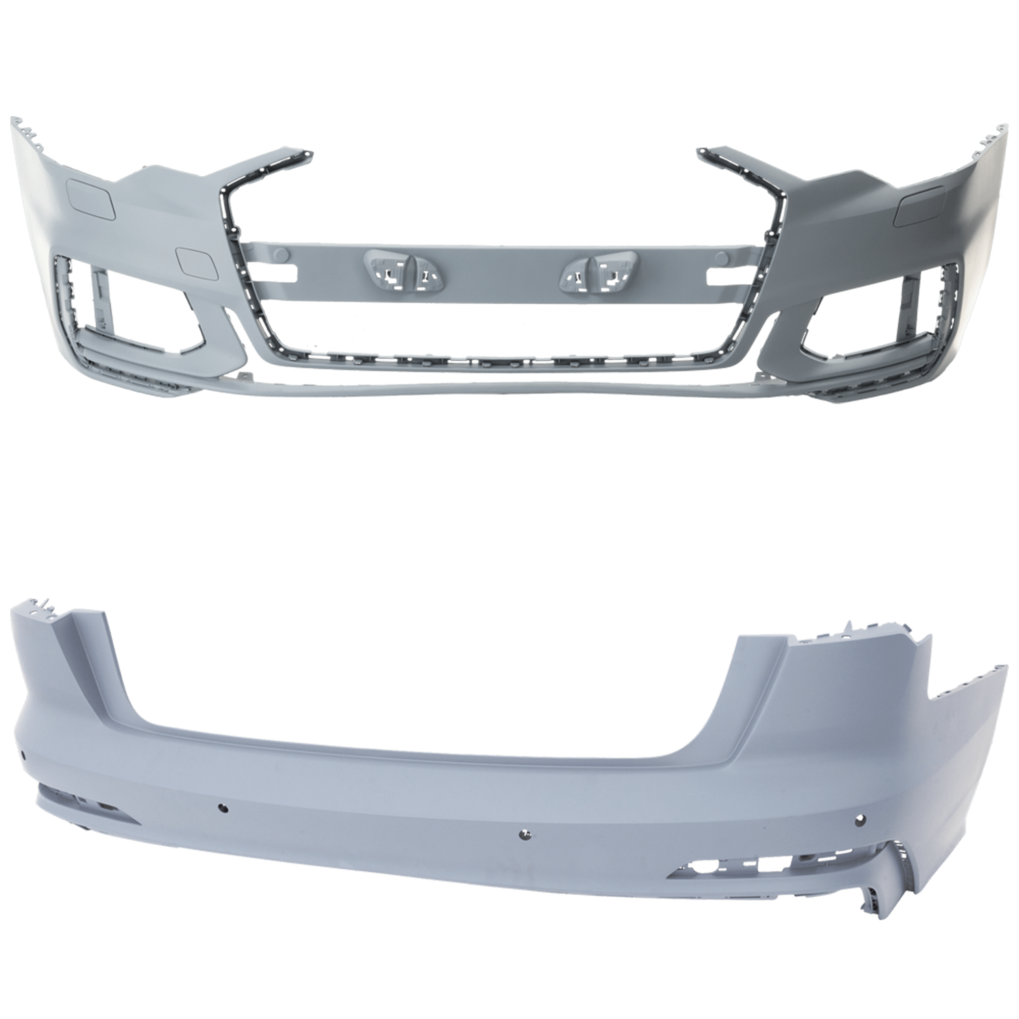 AM A6 QUATTRO 19-23 FRONT AND REAR BUMPER COVER Primed w S Line Pkg Front w o Parallel Park Assist Sensor Holes Rear w Parallel Park Assist Sensor Holes SKU SET RA01030043P A