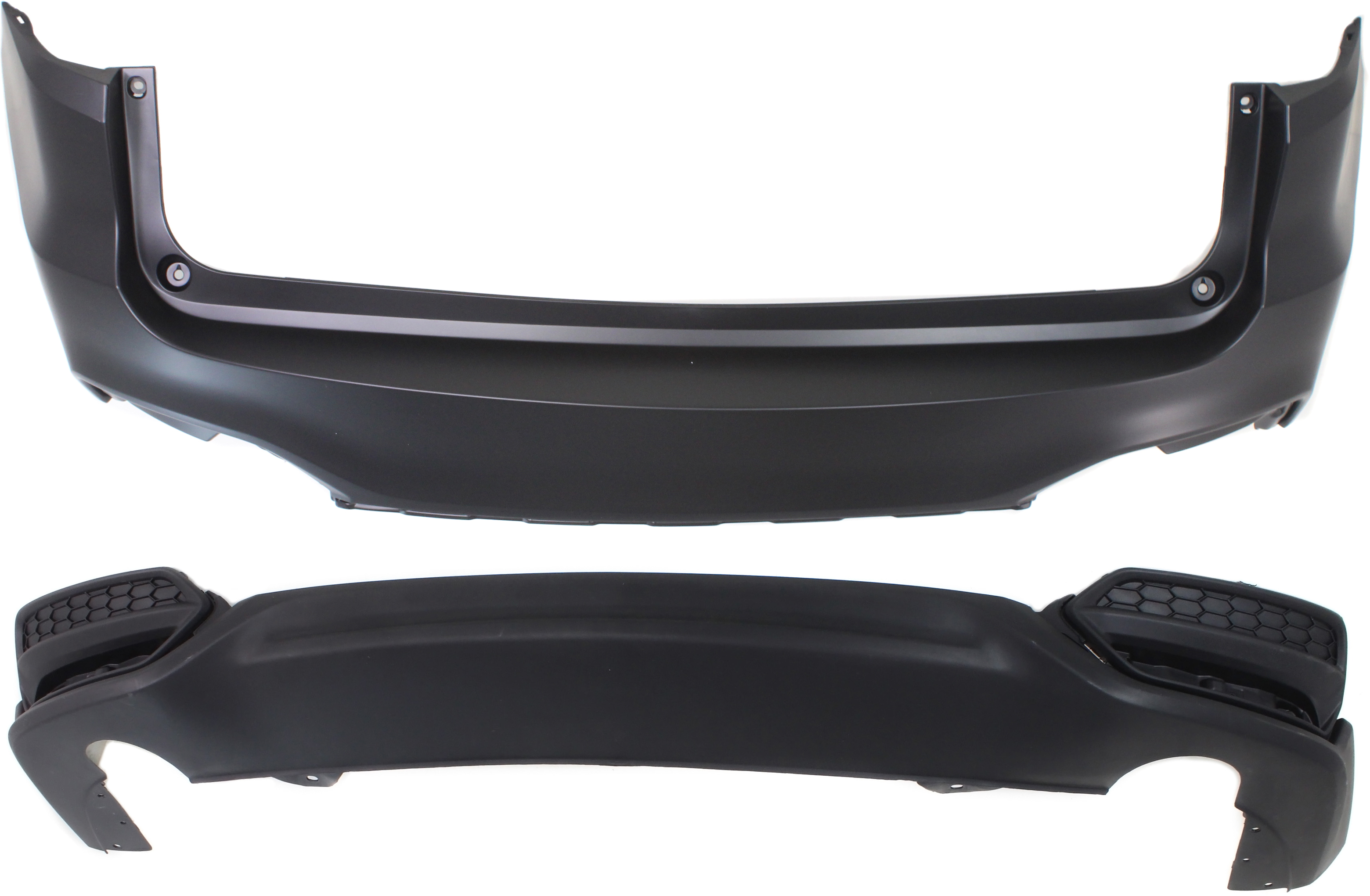 AM RDX 16-18 REAR BUMPER COVER Upper Primed and Lower Textured Set of 2 w o Parking Aid Snsr Holes SKU SET RA76010005P 2 Partslink AC1114101 AC1115103 OEM 04715TX4A50ZZ 04716TX4A50
