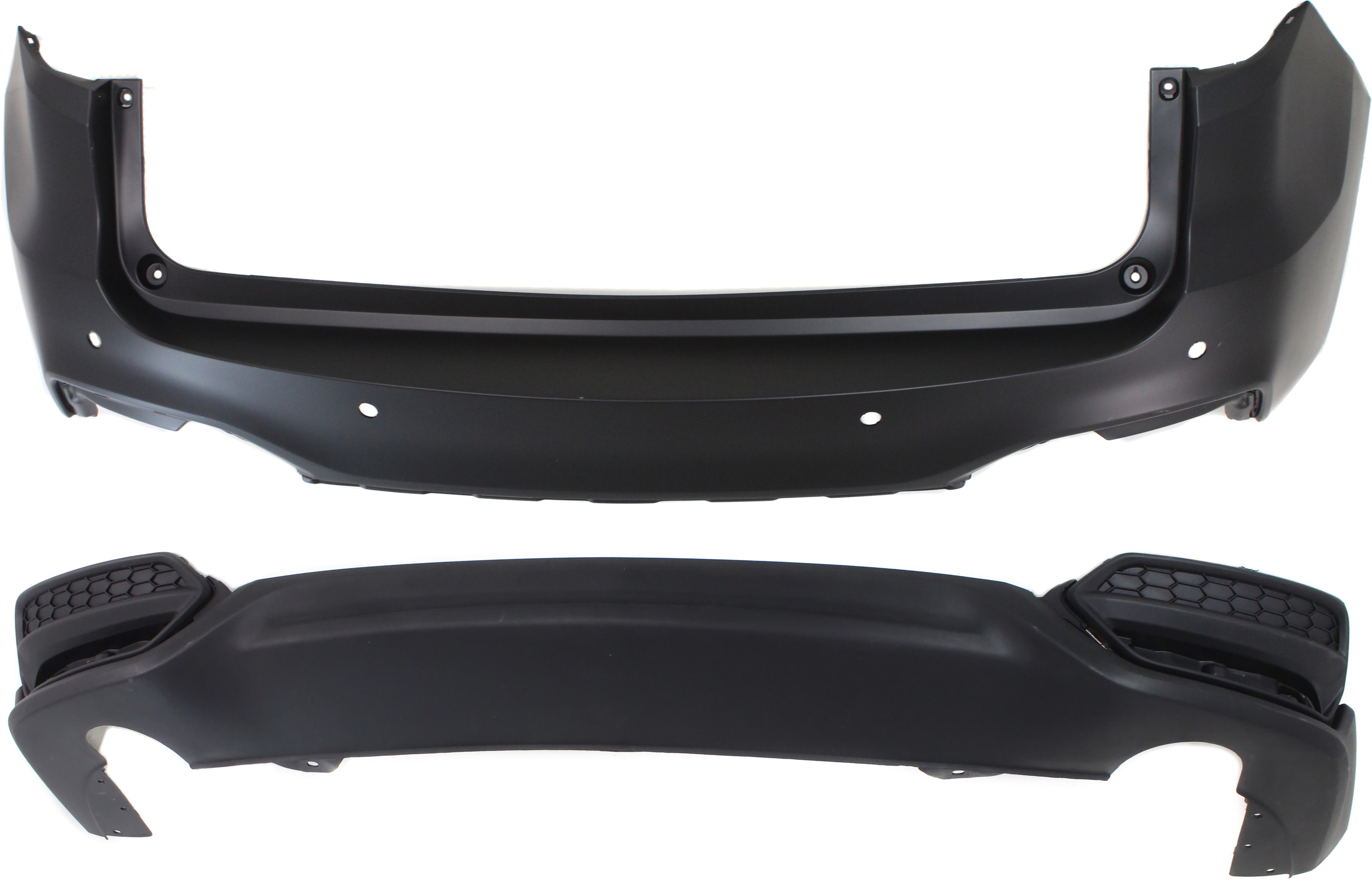 AM RDX 16-18 REAR BUMPER COVER Upper and Lower Set of 2 Primed w Parking Aid Snsr Holes SKU SET RA76010006P 2 Partslink AC1114102 AC1115103 OEM 04715TX4A60ZZ 04716TX4A50