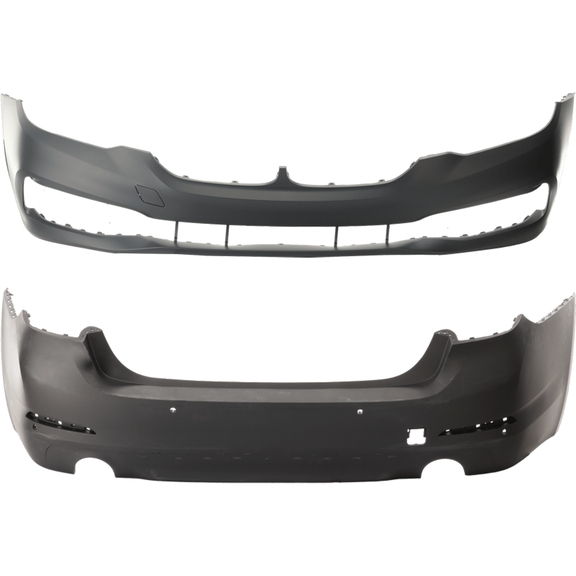 AM 5 SERIES 17-20 FRONT AND REAR BUMPER COVER Primed w o M Pkg mounting bracket s and parking aid sensor holes Front w o PDC Sensor Holes Rear w PDC Sensor Holes CAPA SKU SET RB01030059PQ F Partslink BM1000467C BM1100376C OEM 51117427447-51127475599