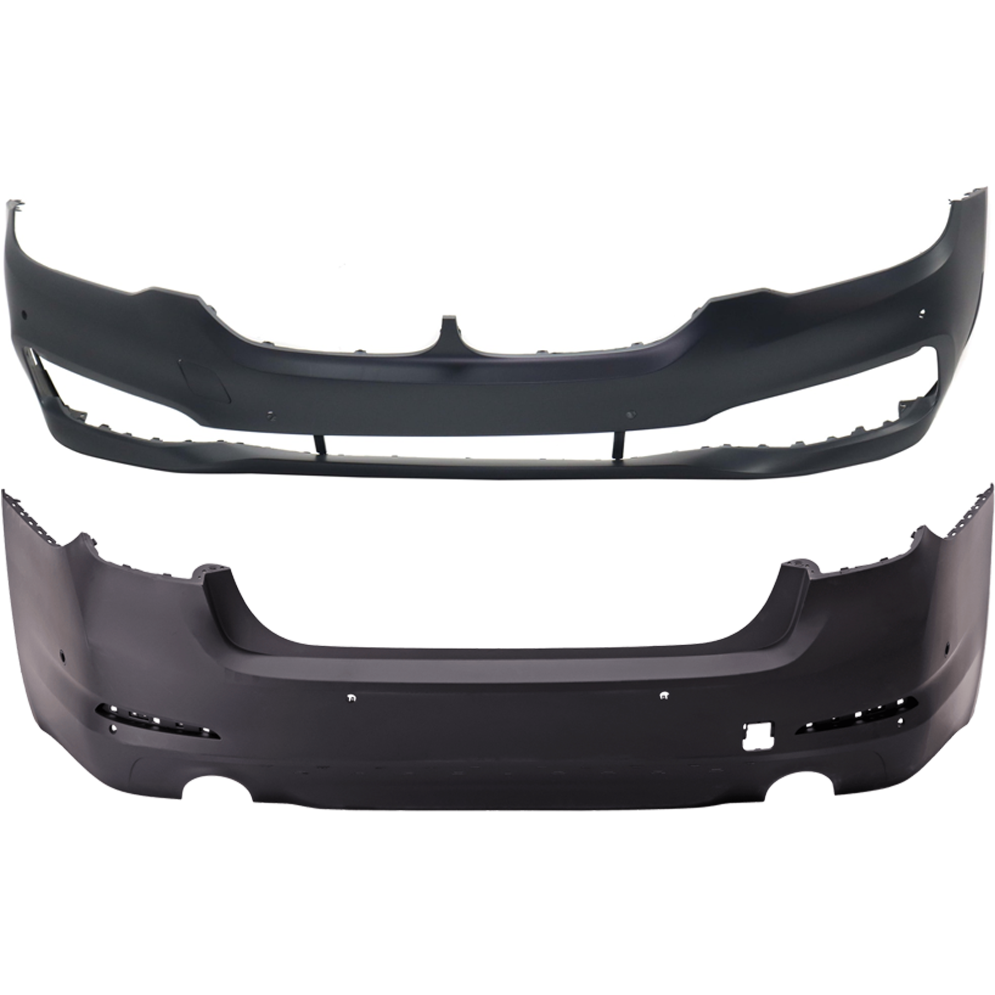 AM 5 SERIES 17-20 FRONT AND REAR BUMPER COVER Primed w o M Pkg and mounting bracket s w Luxury Pkg and PDC Sensor Holes CAPA SKU SET RB01030060PQ C Partslink BM1000468C BM1100377C OEM 51117427444-51127475601