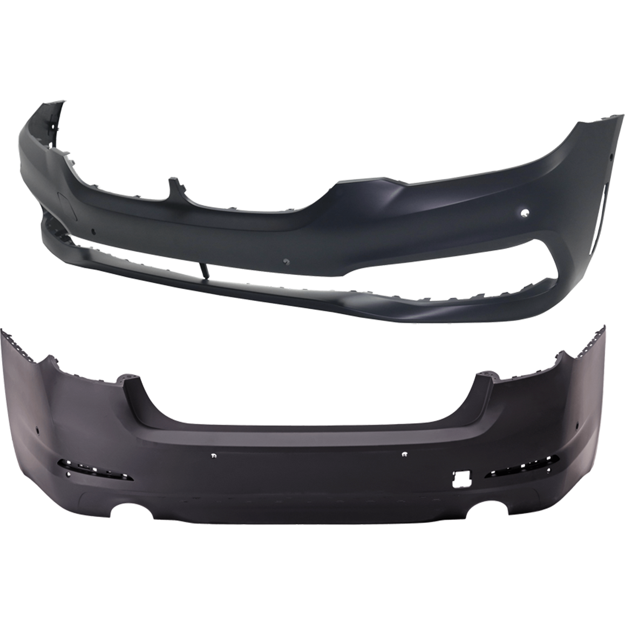 AM 5 SERIES 17-20 FRONT AND REAR BUMPER COVER Primed w o M Pkg and mounting bracket s w Luxury Pkg and PDC Sensor Holes CAPA SKU SET RB01030061PQ C Partslink BM1000469C BM1100377C OEM 51117427445-51127475601