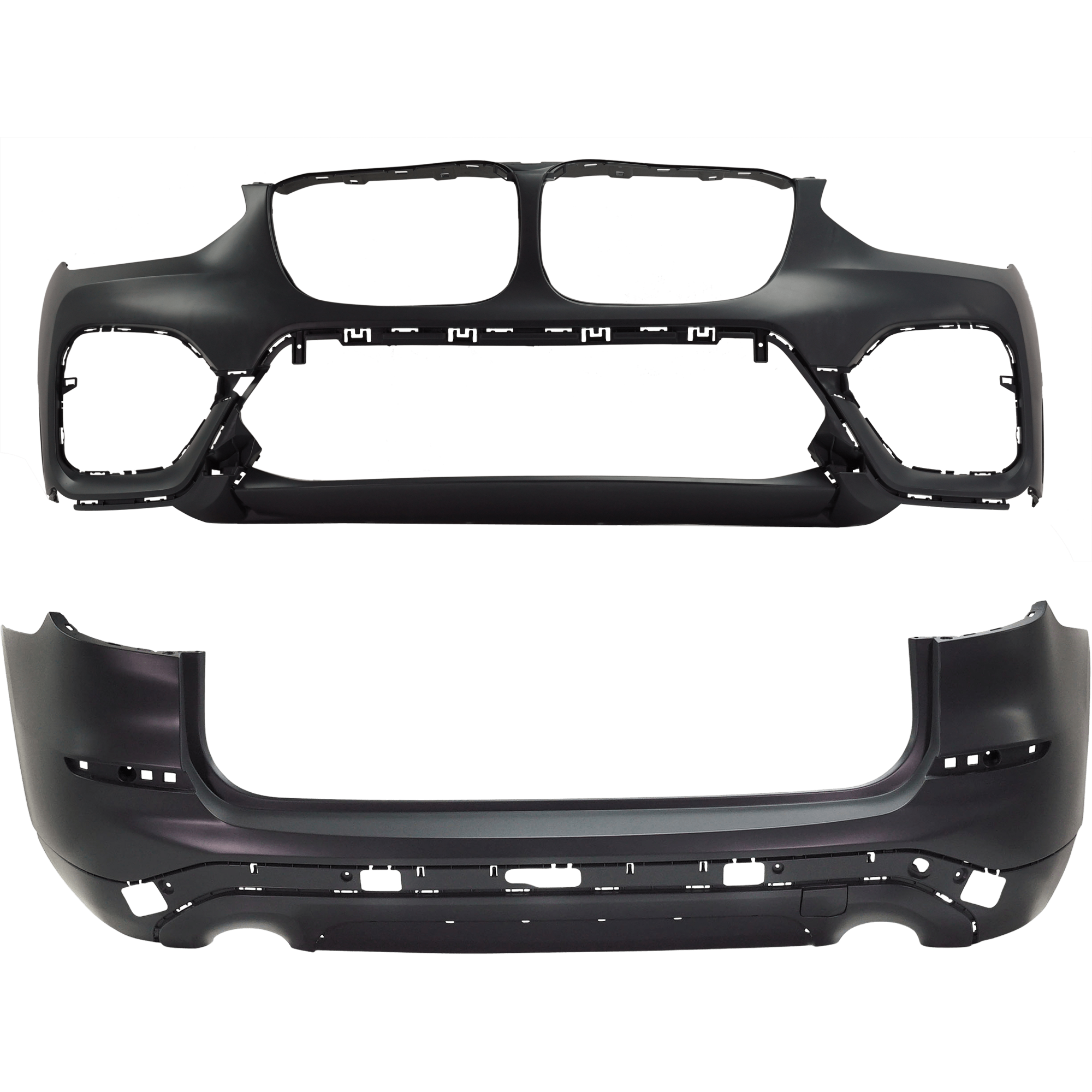 AM X3-18-21 FRONT AND REAR BUMPER COVER Primed Front Bumper Cover With parking aid sensor holes Rear Bumper Cover Without parking aid sensor holes SKU SET RB01030088P D Partslink BM1000492 BM1100418 OEM 51117484782-51127488216