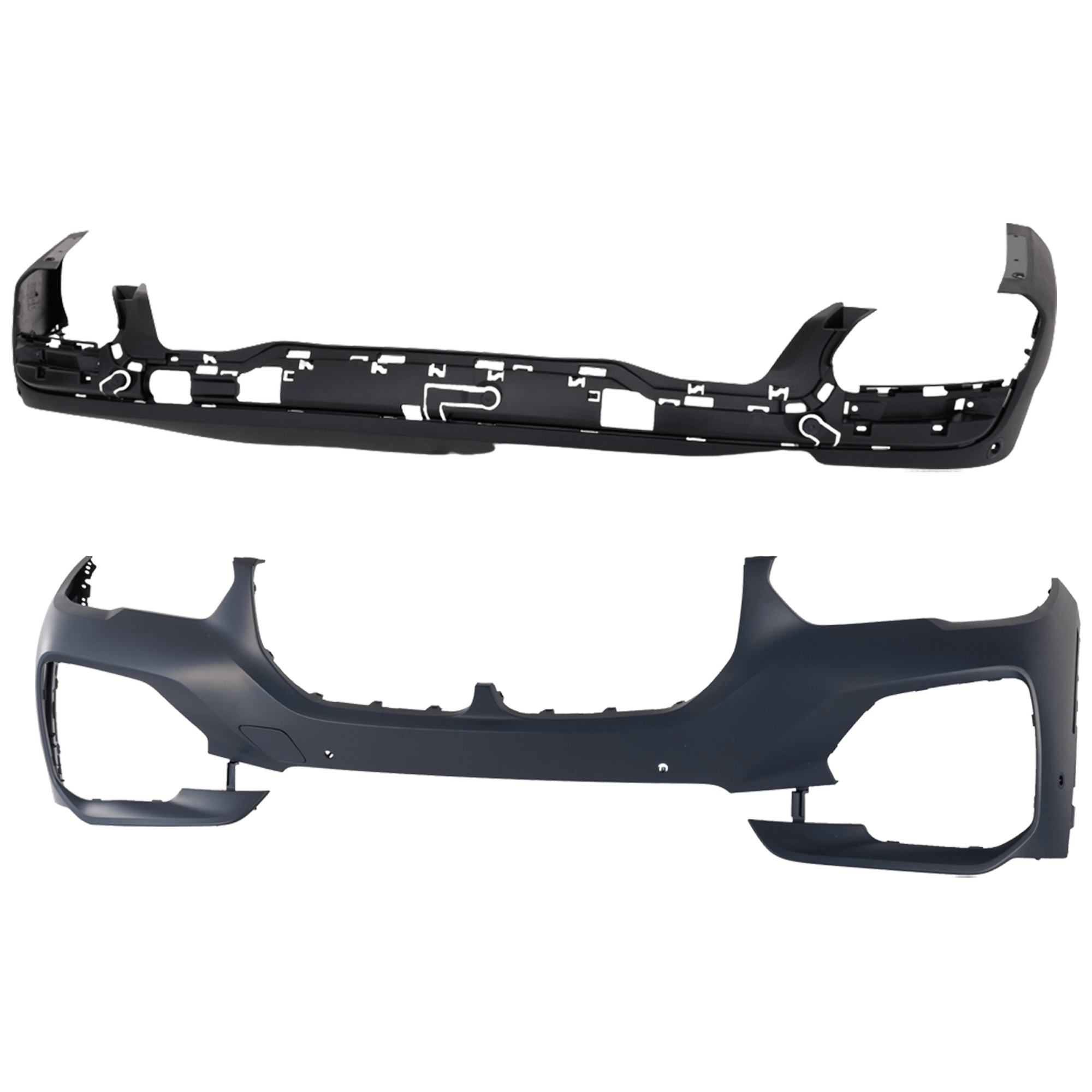 AM X5-19-23 FRONT AND REAR BUMPER COVER Front Primed Rear Textured w o M Sport Pkg and mounting bracket s w Park Assist Sensor Holes CAPA SKU SET RB01030095PQ A Partslink BM1000522C BM1100433C OEM 51119492878-51128498991