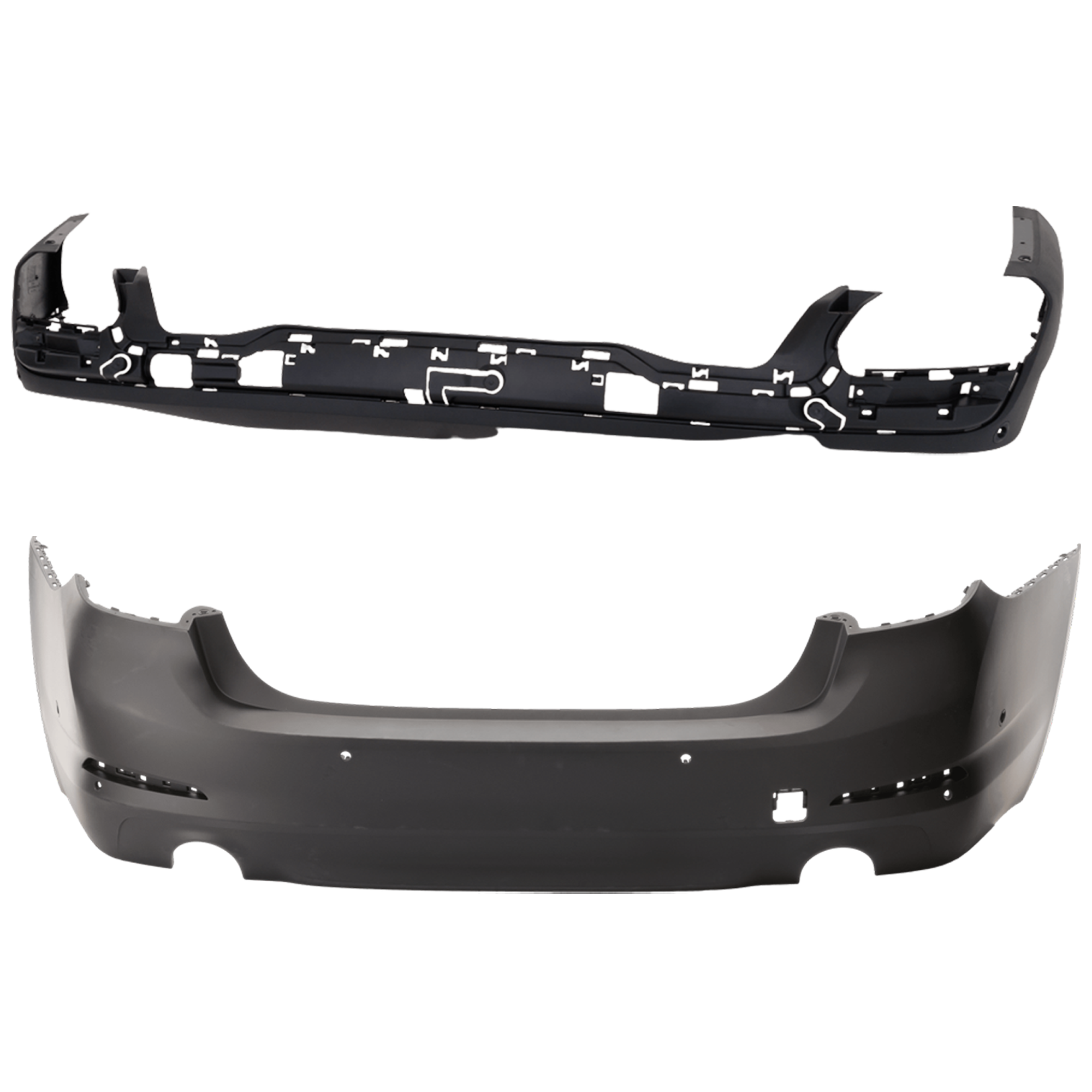 AM X5-19-23 FRONT AND REAR BUMPER COVER Front Primed Rear Textured w o M Sport Pkg and mounting bracket s Front w o Park Assist Sensor Holes Rear w Park Assist Sensor Holes CAPA SKU SET RB01030096PQ A Partslink BM1000521C BM1100433C OEM 51119492877-51128498991