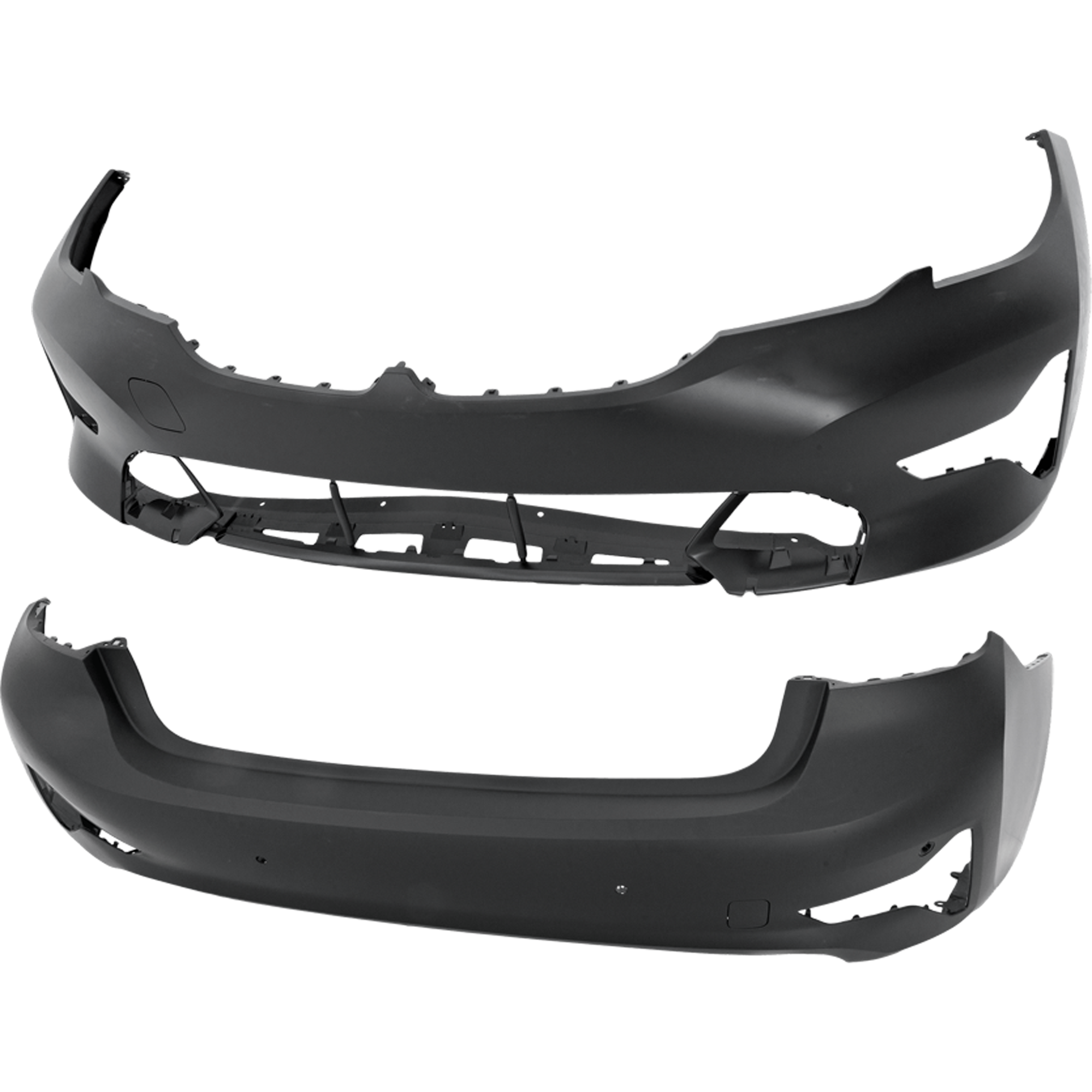 AM 330I 330I XDRIVE 19-22 FRONT AND REAR BUMPER COVER Primed Sedan w o M Sport Pkg w o Park Assist Sensor Holes Front w o PDC Sensor Holes Rear w PDC Sensor Holes SKU SET RB01030097P B