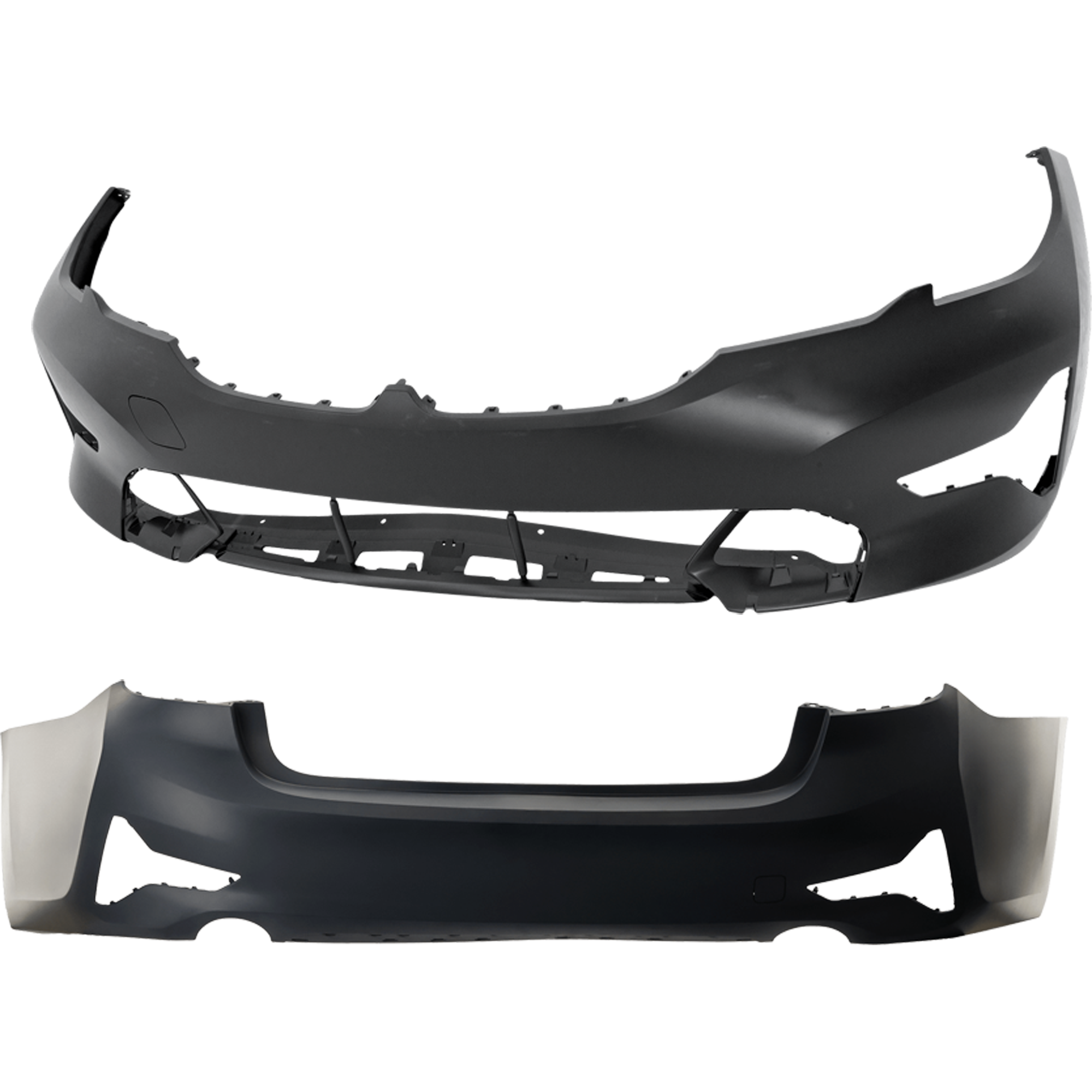 AM 330I 330I XDRIVE 19-22 FRONT AND REAR BUMPER COVER Primed Sedan w o M Sport Pkg w o PDC Sensor and Park Assist Sensor Holes SKU SET RB01030097P F