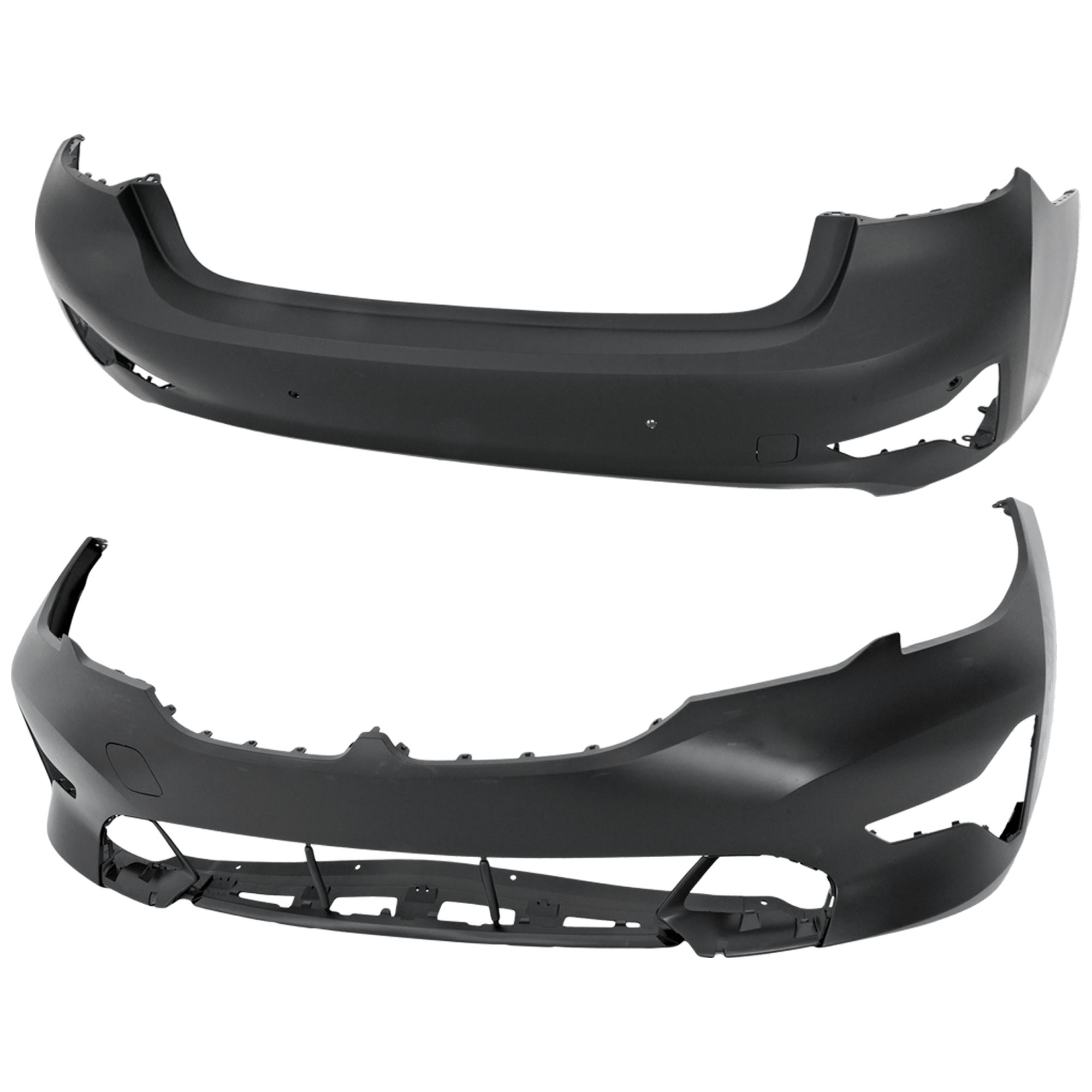 AM 330I 330I XDRIVE 19-22 FRONT AND REAR BUMPER COVER Primed Sedan w o M Sport Pkg w o Park Assist Sensor Holes Front w o PDC Sensor Holes Rear w PDC Sensor Holes CAPA SKU SET RB01030097PQ B Partslink BM1000518C BM1100441C OEM 51118496500-51128493934