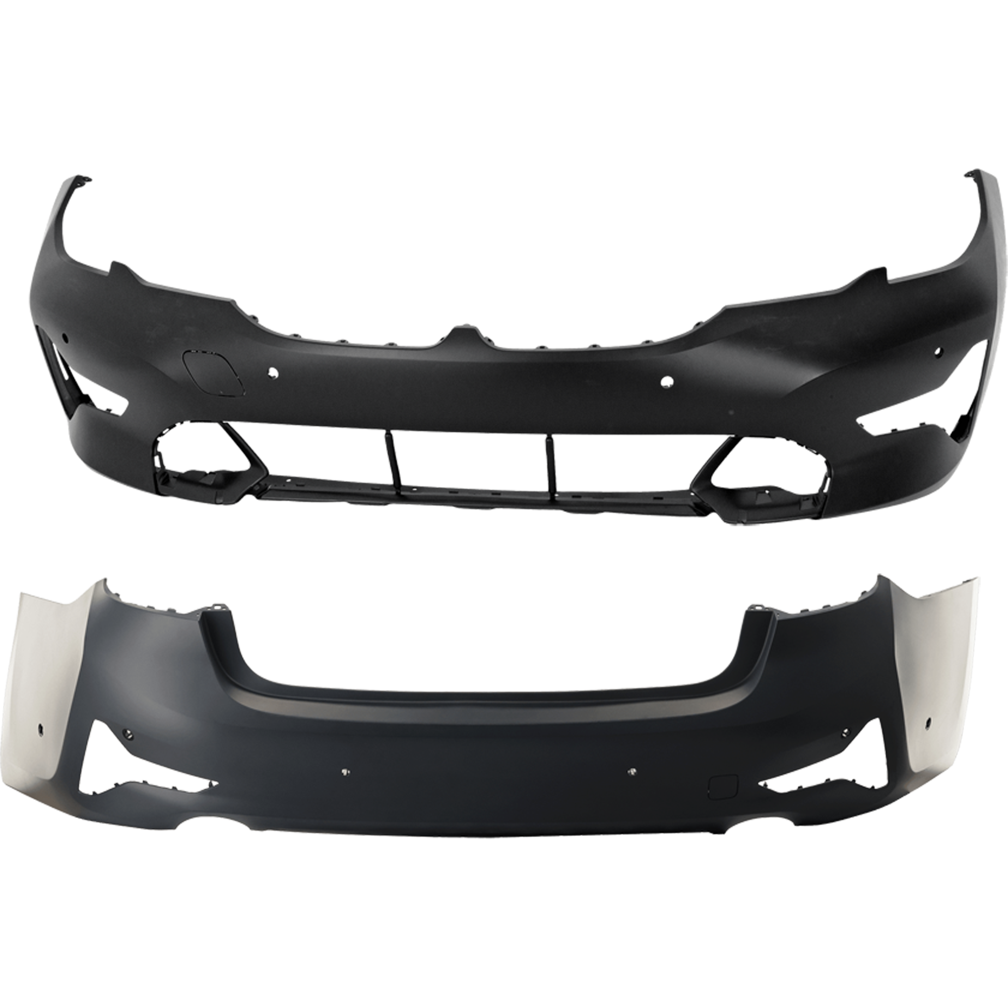 AM 330I 19-22 FRONT AND REAR BUMPER COVER Primed Sedan w o M Sport Pkg w o Park Assist Sensor Holes Front w PDC Sensor Holes Rear w o PDC Sensor Holes SKU SET RB01030098P D