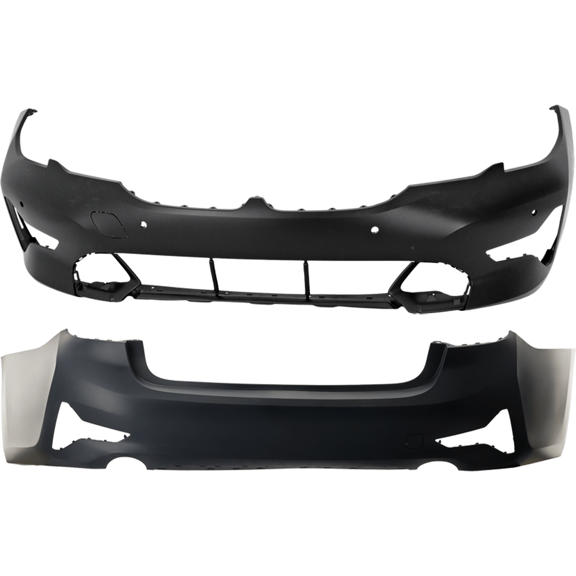 AM 330I 19-22 FRONT AND REAR BUMPER COVER Primed Sedan w o M Sport Pkg w o Park Assist Sensor Holes Front w PDC Sensor Holes Rear w o PDC Sensor Holes SKU SET RB01030098P F