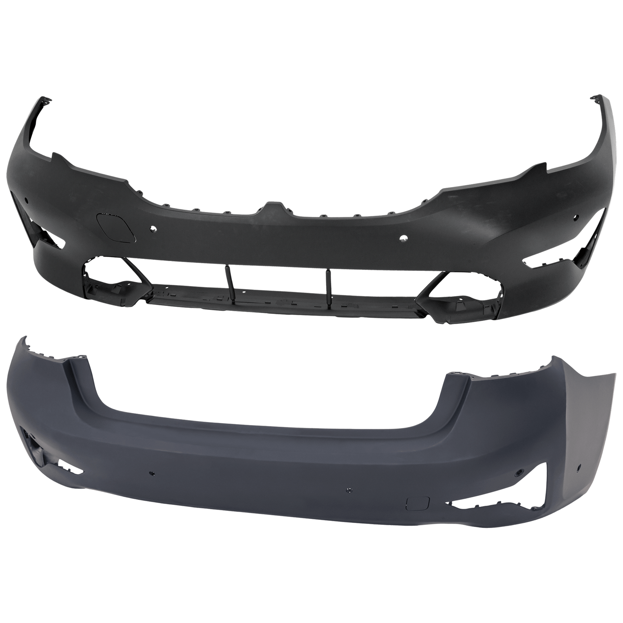 AM 3 SERIES 19-22 FRONT AND REAR BUMPER COVER Primed Sedan w o M Sport Pkg w PDC Sensor and Park Assist Sensor Holes CAPA SKU SET RB01030099PQ D Partslink BM1000520C BM1100442C OEM 51118496502-51128493935