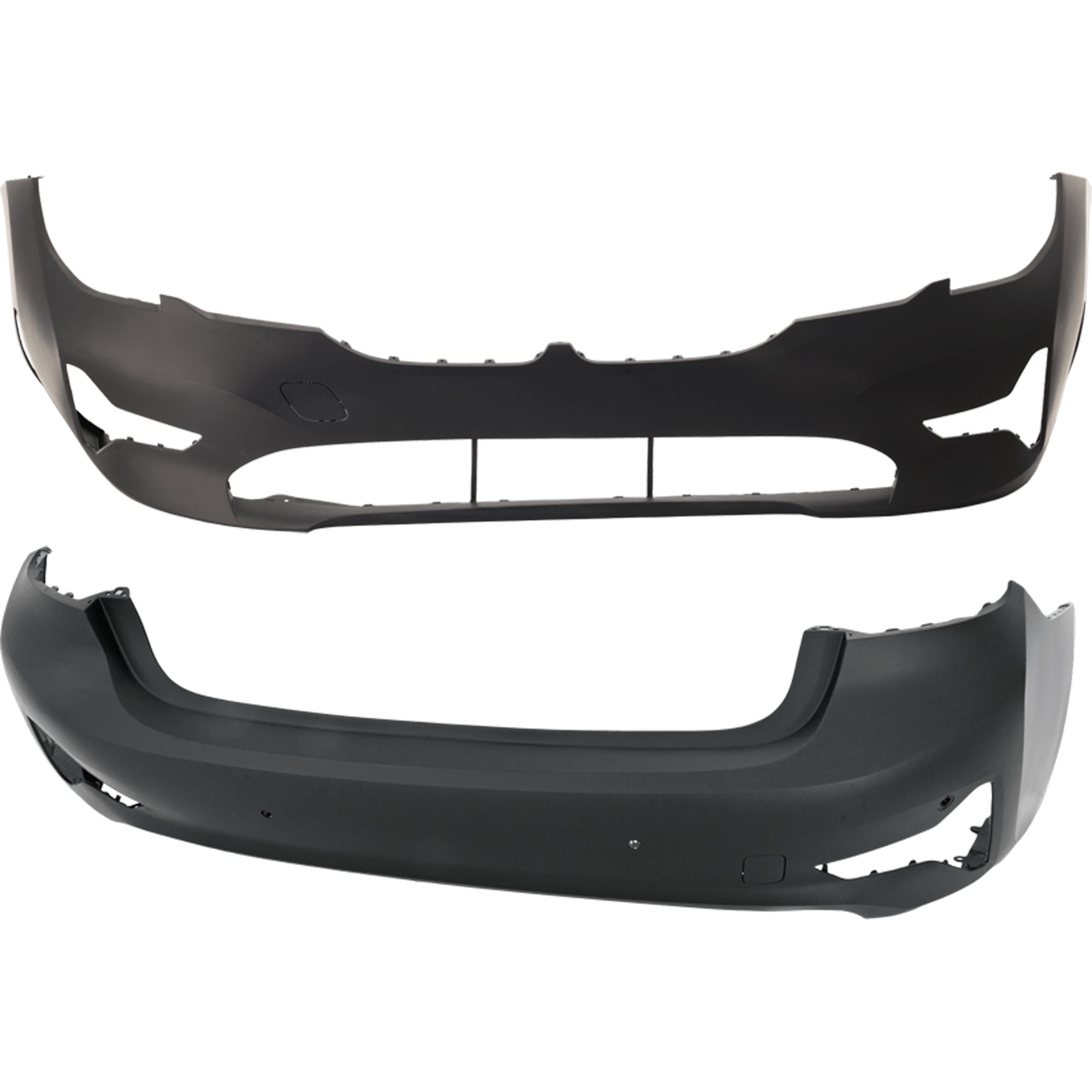 AM 330I 330I XDRIVE 19-22 FRONT AND REAR BUMPER COVER Primed Sedan w o M Sport Pkg w o Park Assist Sensor Holes Front w o PDC Sensor Holes Rear w PDC Sensor Holes SKU SET RB01030109P B