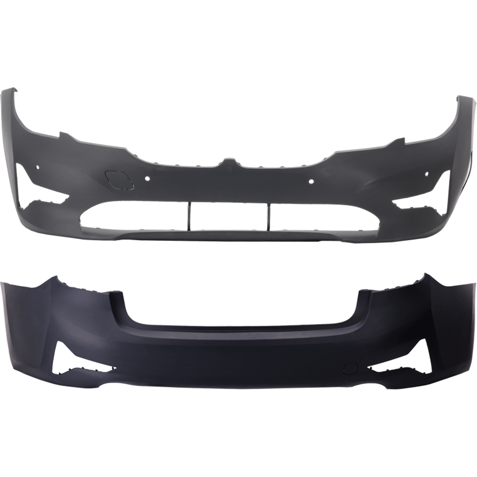 AM 330I 330I XDRIVE 19-22 FRONT AND REAR BUMPER COVER Primed Sedan w o M Sport Pkg w o Park Assist Sensor Holes Front w PDC Sensor Holes Rear w o PDC Sensor Holes SKU SET RB01030110P C