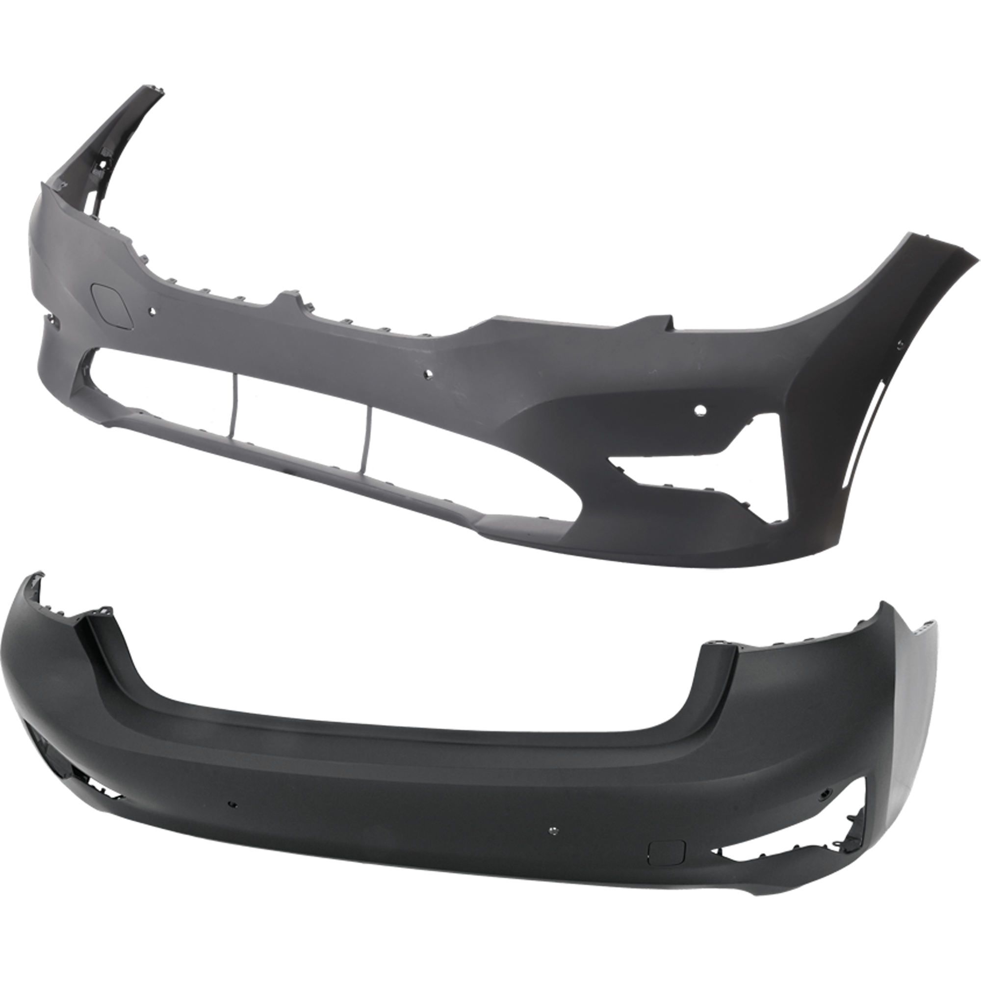 AM 330I 19-21 FRONT AND REAR BUMPER COVER Primed Sedan w o M Sport Pkg w PDC Sensor Holes Front w Parking Assist Holes Rear w o Parking Assist Holes SKU SET RB01030111P B