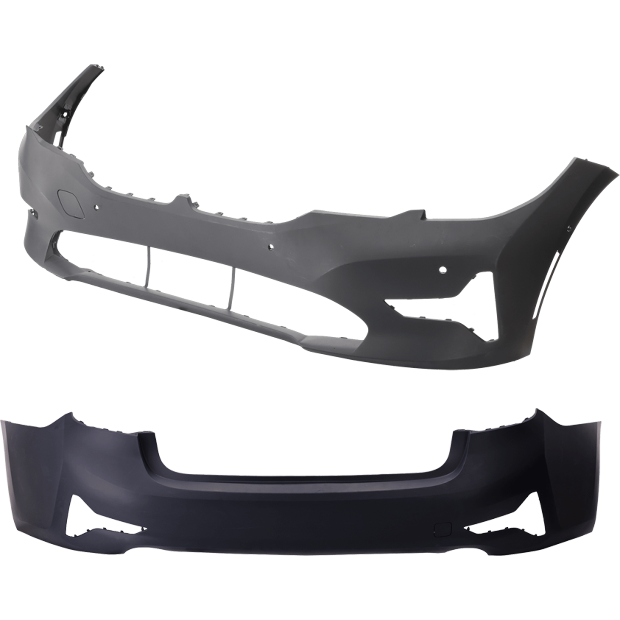 AM 330I 19-21 FRONT AND REAR BUMPER COVER Primed Sedan w o M Sport Pkg w Park Assist Sensor Holes Front w PDC Sensor Holes Rear w o PDC Sensor Holes SKU SET RB01030111P C