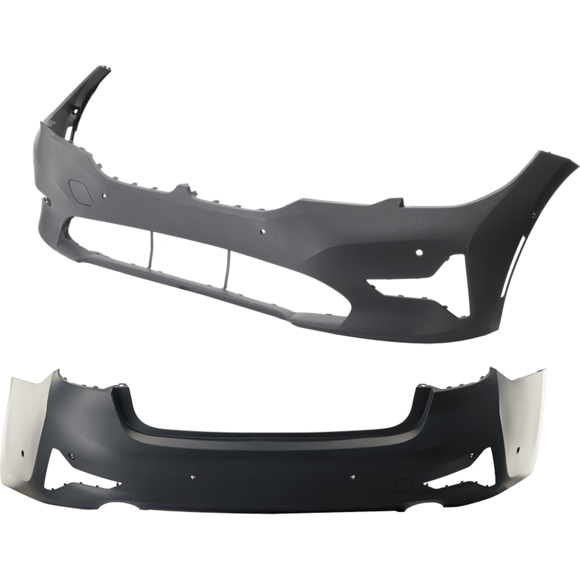 AM 3 SERIES 19-22 FRONT AND REAR BUMPER COVER Primed Sport Line Sedan w o M Sport Pkg Front w PDC Sensor and Park Assist Sensor Holes Rear w o PDC Sensor and Park Assist Sensor Holes SKU SET RB01030111P D